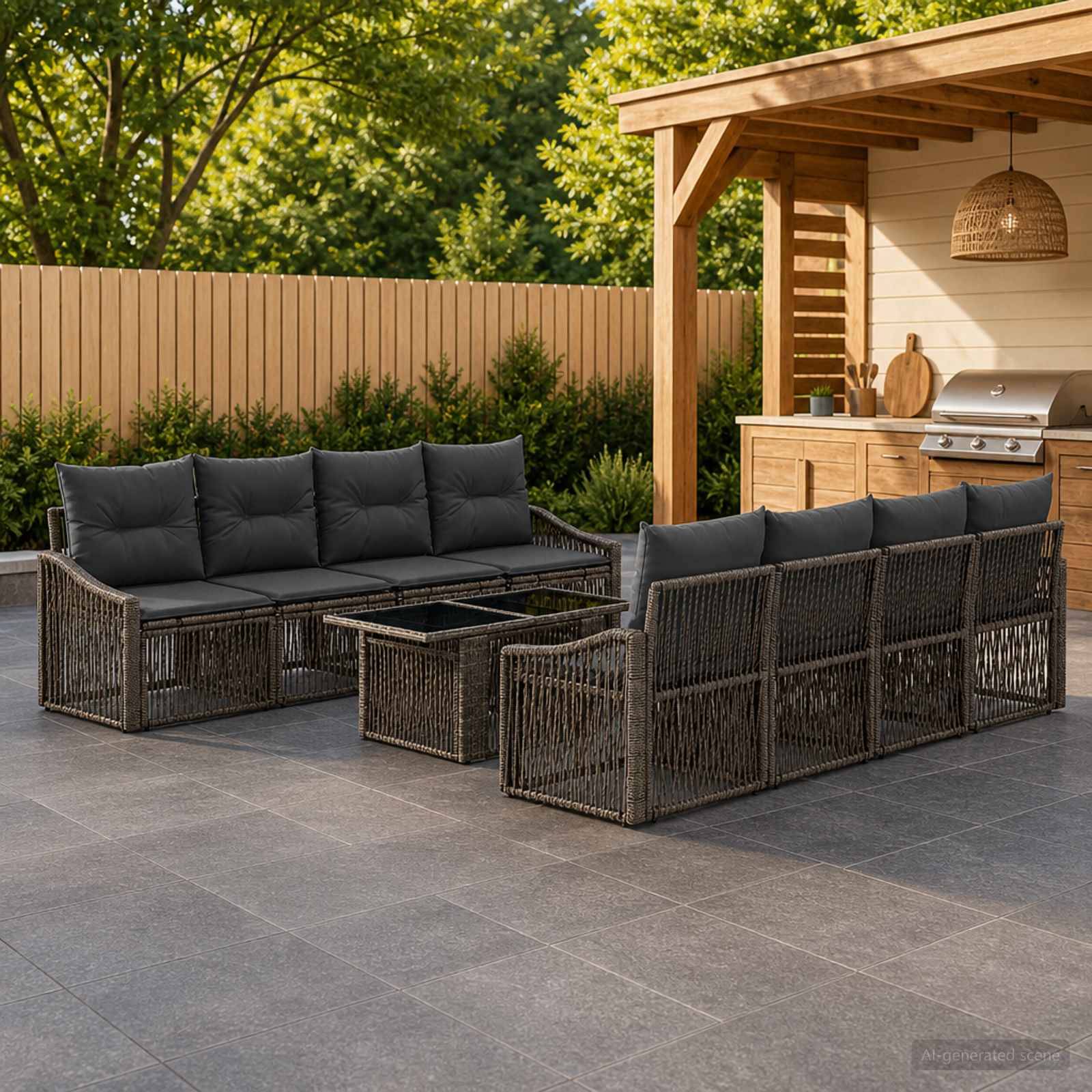 Terrassenbereich mit dunklem Korb-Sitzelement, passendem Couchtisch und Grill im Hinterhof unter einer Holzpergola.