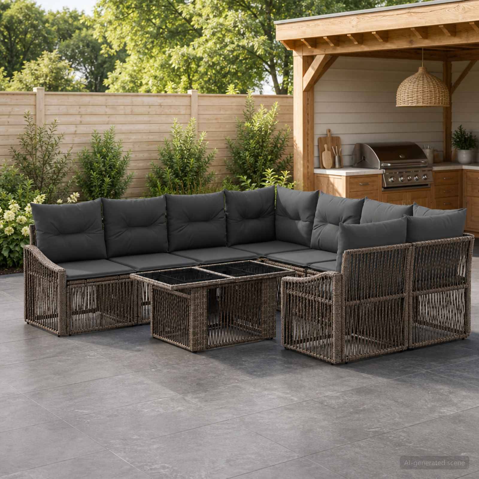Außenbereich mit Terrassenmöbeln mit einem braunen Korbgeflecht-L-förmigen Sofa und dunklen Kissen um zwei Glastische herum, neben einer Außenküche und einem Zaun.
