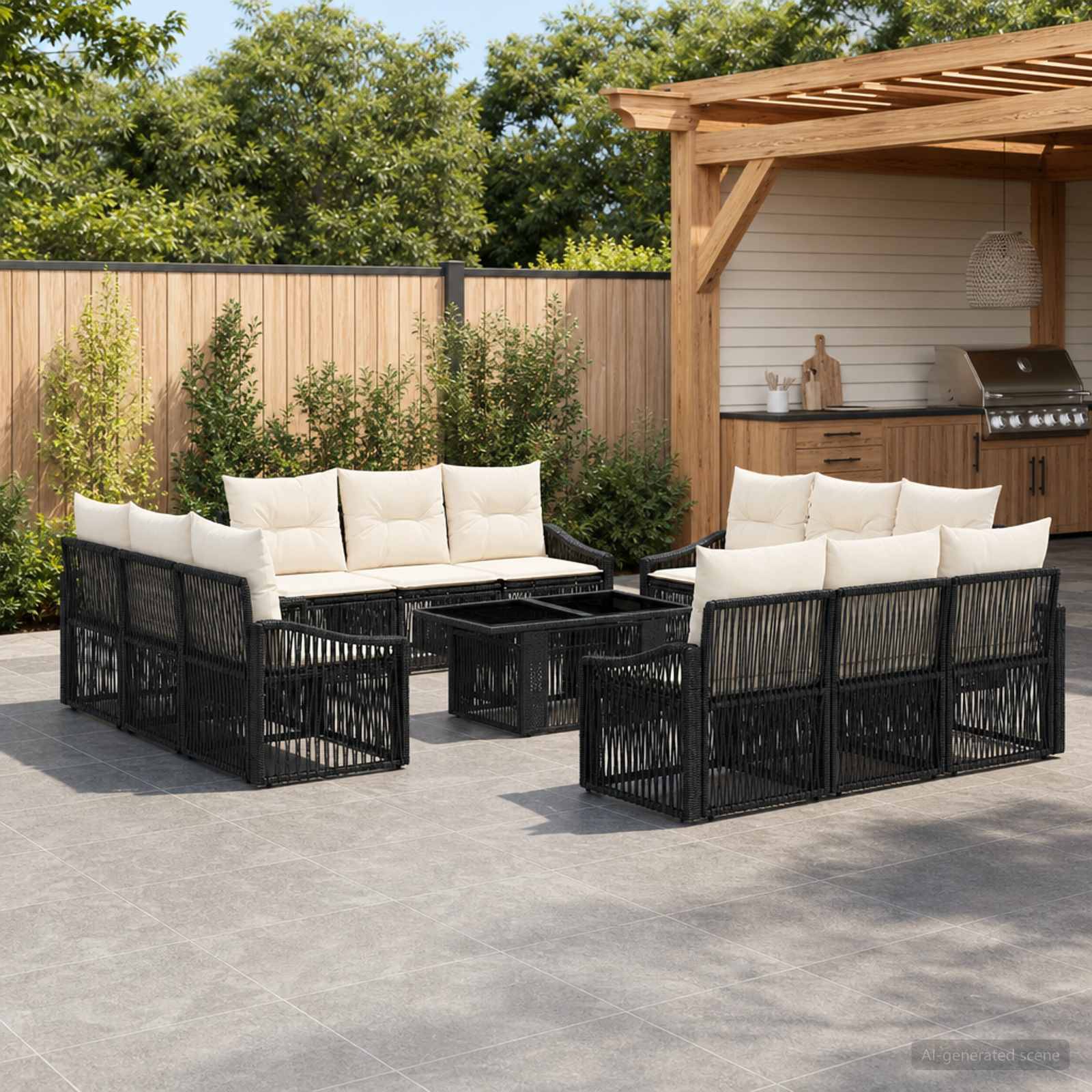 Außenpatio mit zwei schwarzen Rattansofas, Couchtischen und cremefarbenen Kissen neben einer hölzernen Pergola und integriertem Grill.