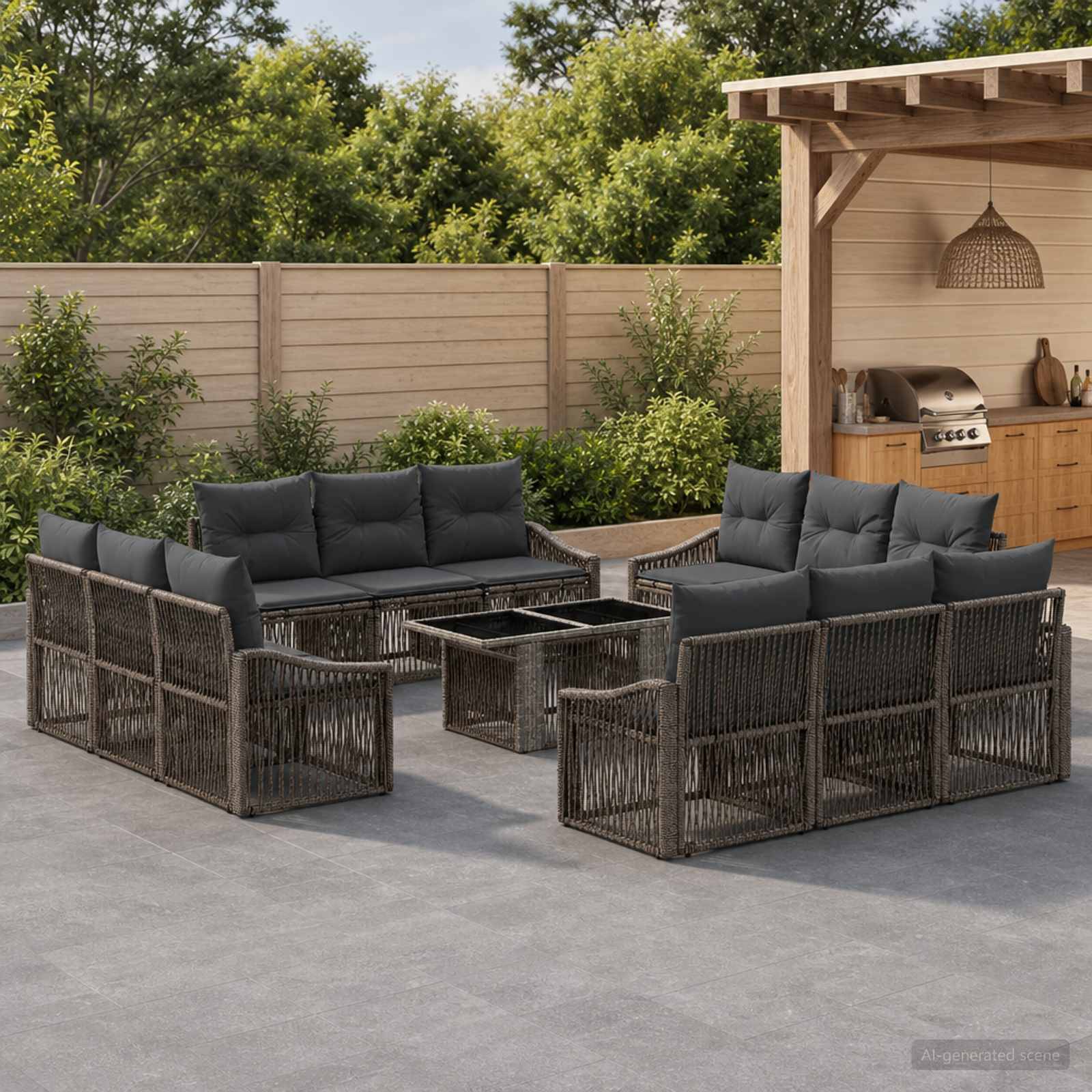 Außen-Terrassenmöbel-Set mit zwei Korbsofas, zwei Sesseln und einem quadratischen Couchtisch neben einem Garten-Grillbereich.