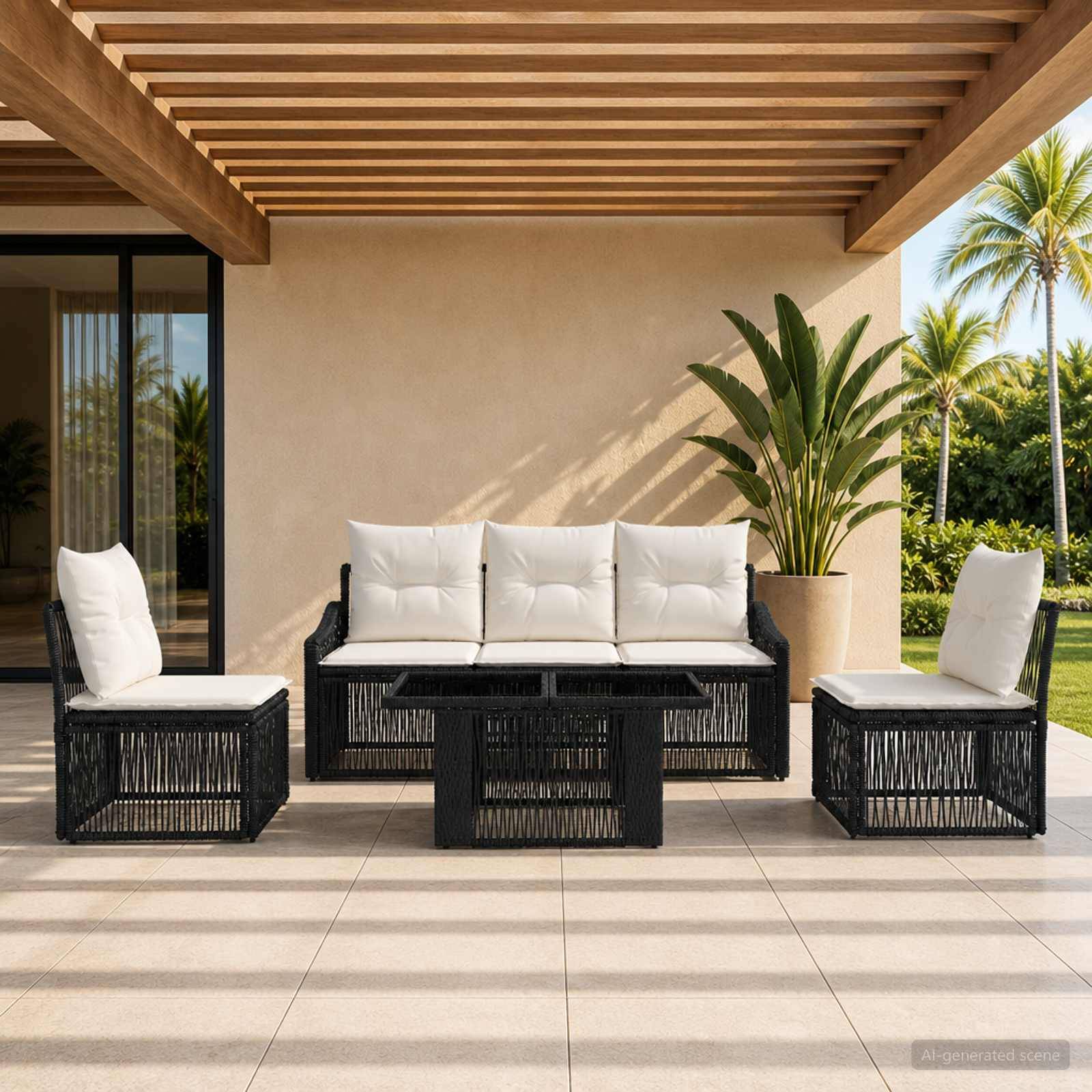 Außenbereich der Terrasse mit schwarzem geflochtenem Sofa, zwei Sesseln und Couchtisch unter einer Lamellenpergola neben einer Topfpalme.