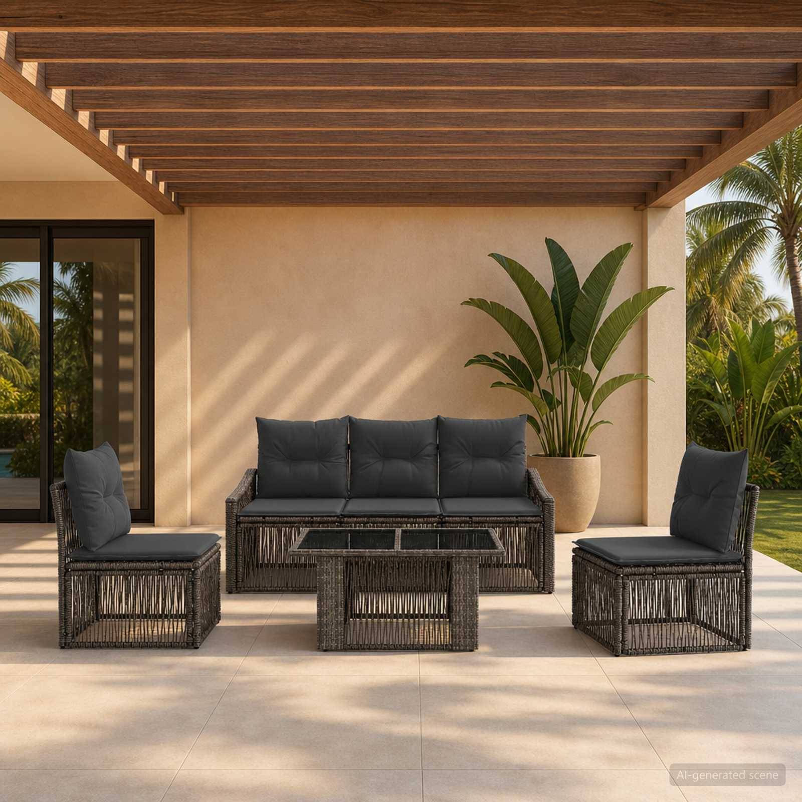 Außenbereich einer Terrasse mit gewebtem dunkelgrauem Sofa, zwei Stühlen, Couchtisch und Topfpflanze unter einer hölzernen Pergola.