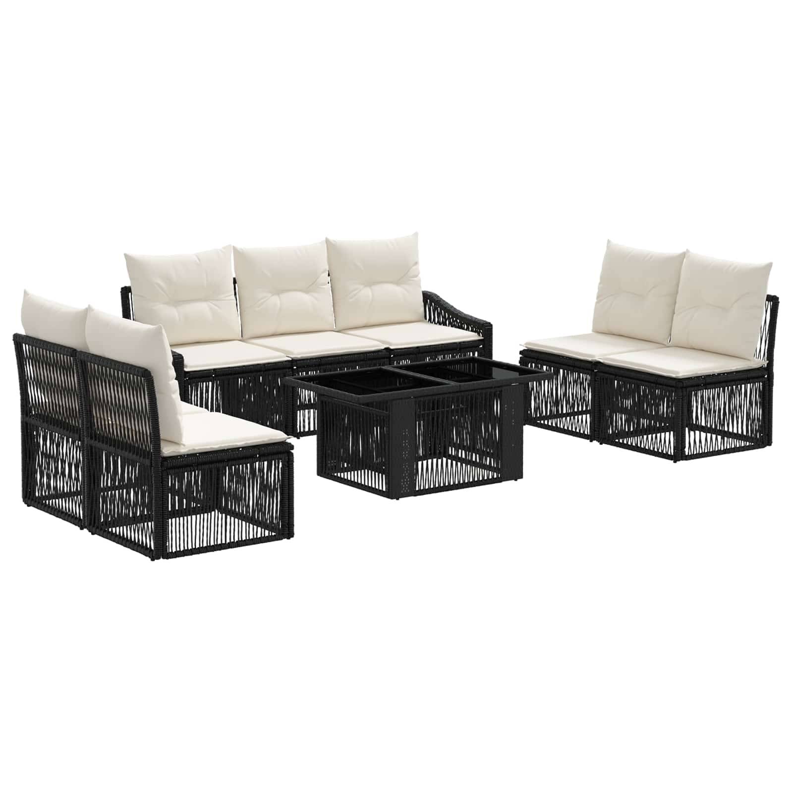 Outdoor-Sektionalgarnitur aus schwarzem Polyrattan mit cremefarbenen Kissen und passendem quadratischem Couchtisch