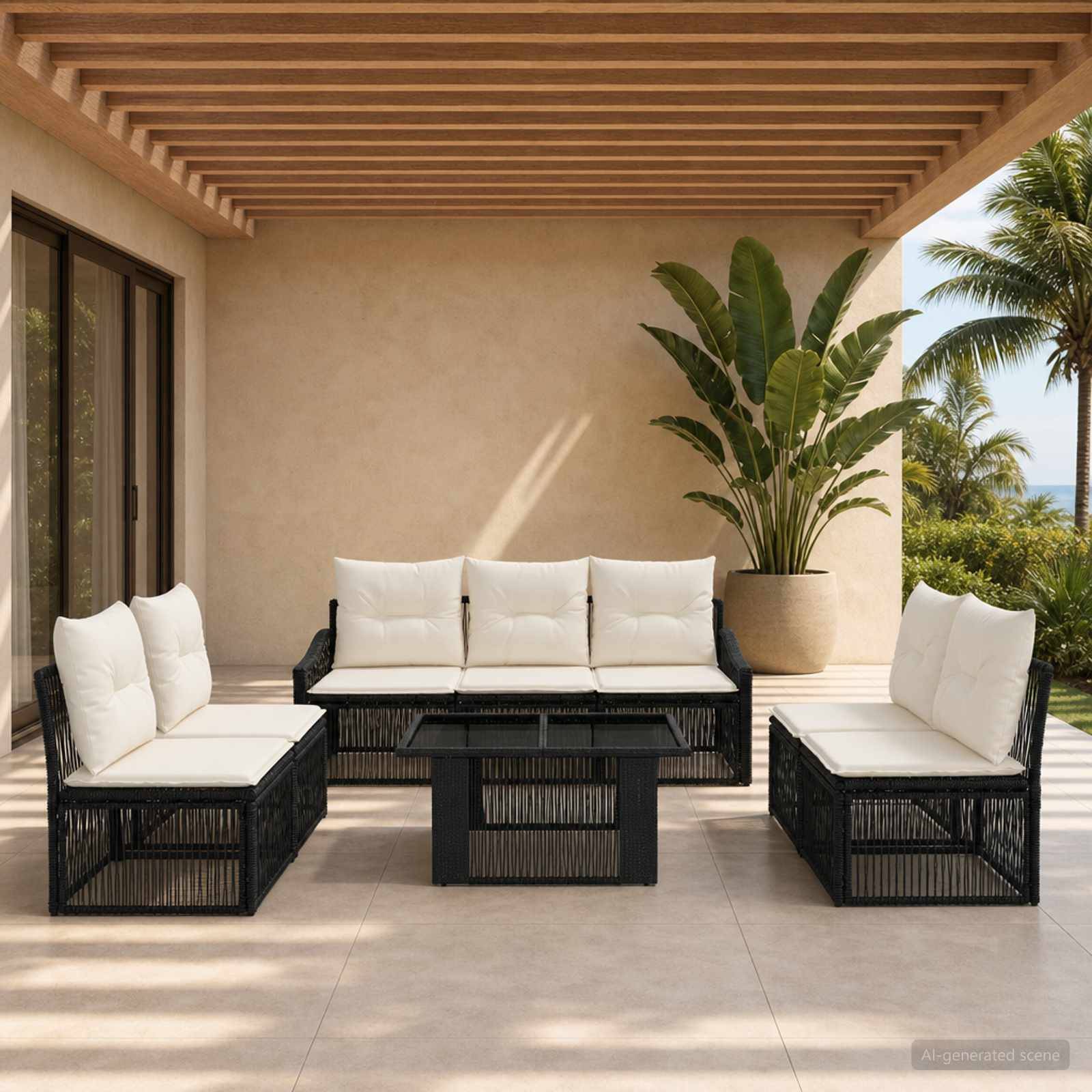 Außenbereich einer Terrasse mit schwarzen Rattansofas und weißen Kissen um einen zentralen Couchtisch, unter einer Pergola mit Lamellen und einer großen Topfpflanze sowie Palmen im Hintergrund.