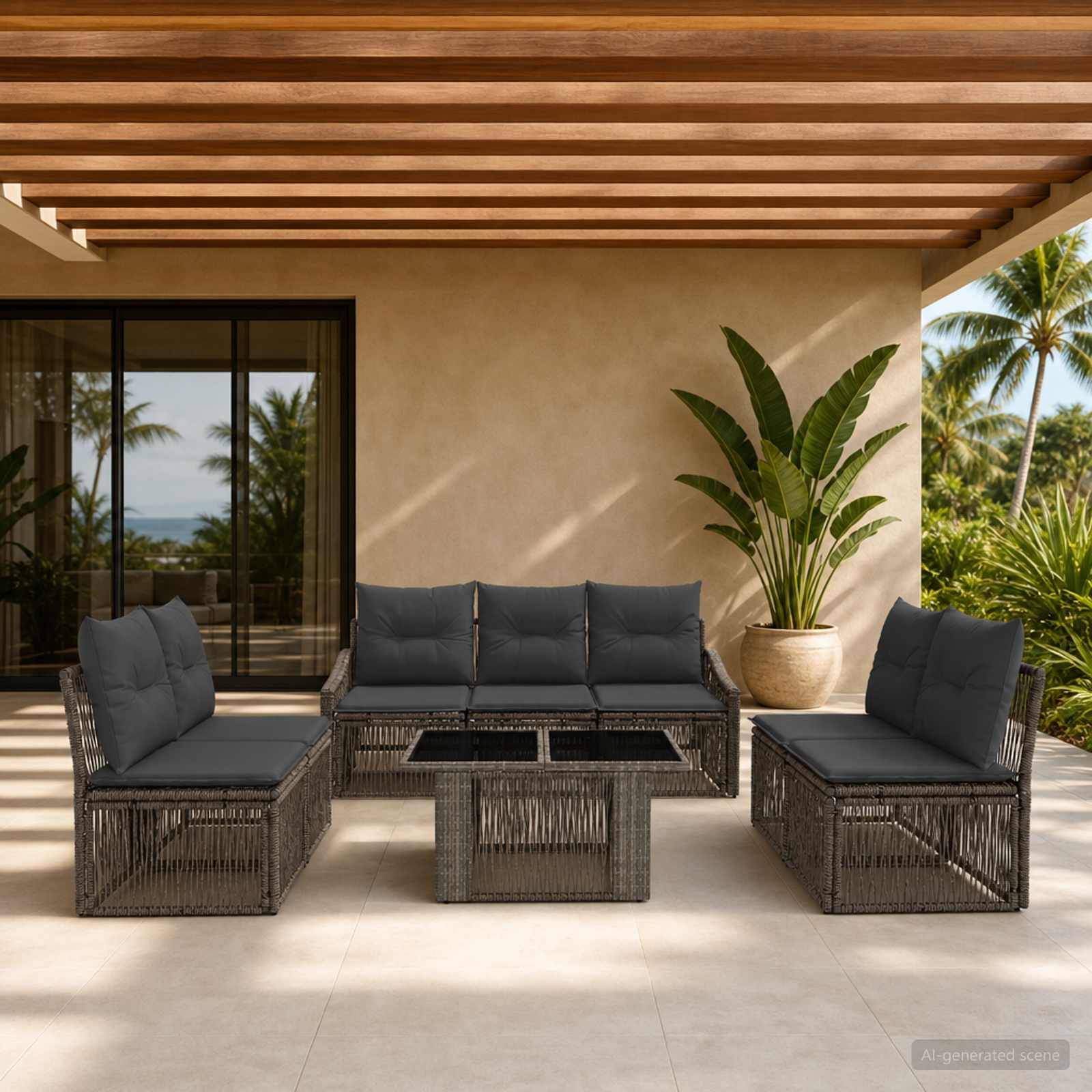 Außenterrasse mit dunklem Rattan-Lounge-Seating, Couchtisch und Topfpflanze unter einer Lamellenpergola, mit Blick auf tropische Palmen und das Meer.