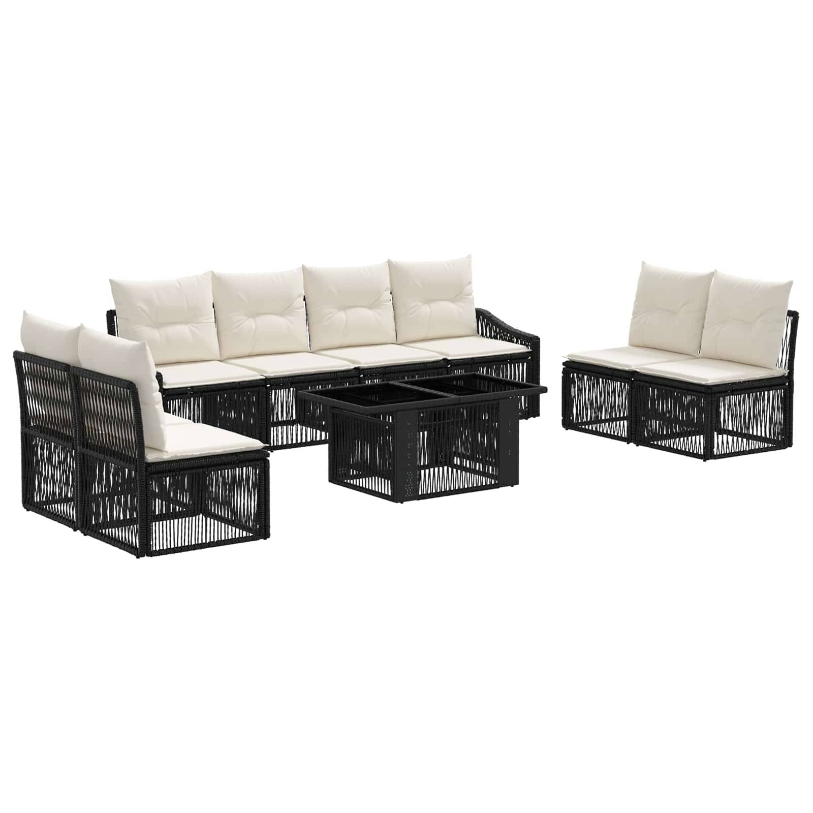 Outdoor-Rattansitzgarnitur für die Terrasse mit schwarzen Rahmen und cremefarbenen Kissen, bestehend aus einem Sofa, einer Loveseat, einem Sessel und einem Couchtisch.