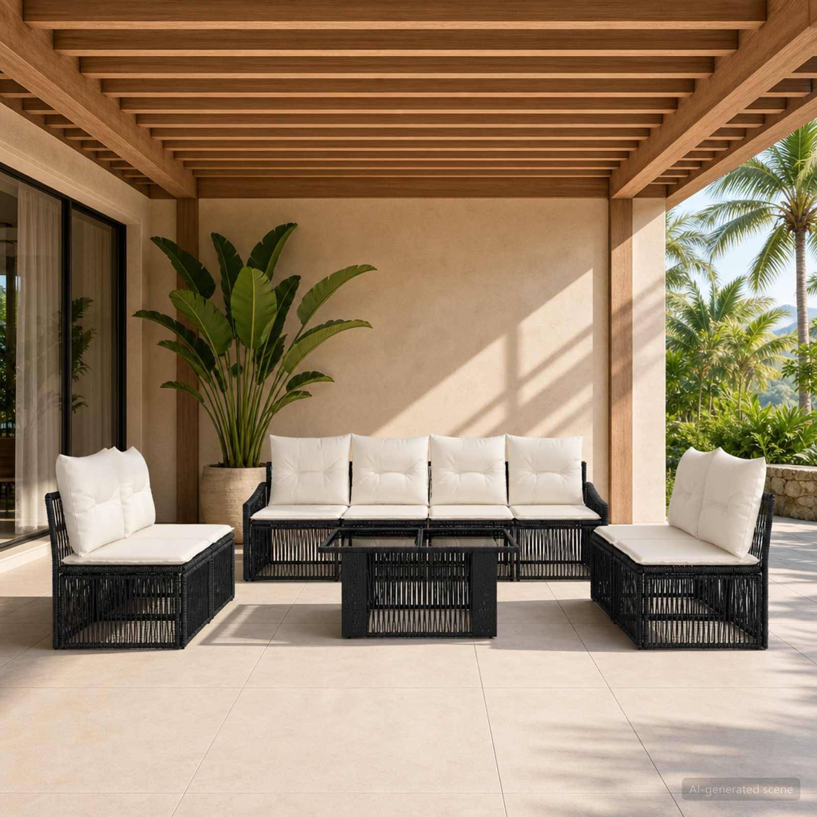 Outdoor-Terrasse mit schwarzer Korbsektionalgarnitur, Couchtisch und Topfpflanze unter einer Holzpergola mit Blick auf Palmen.