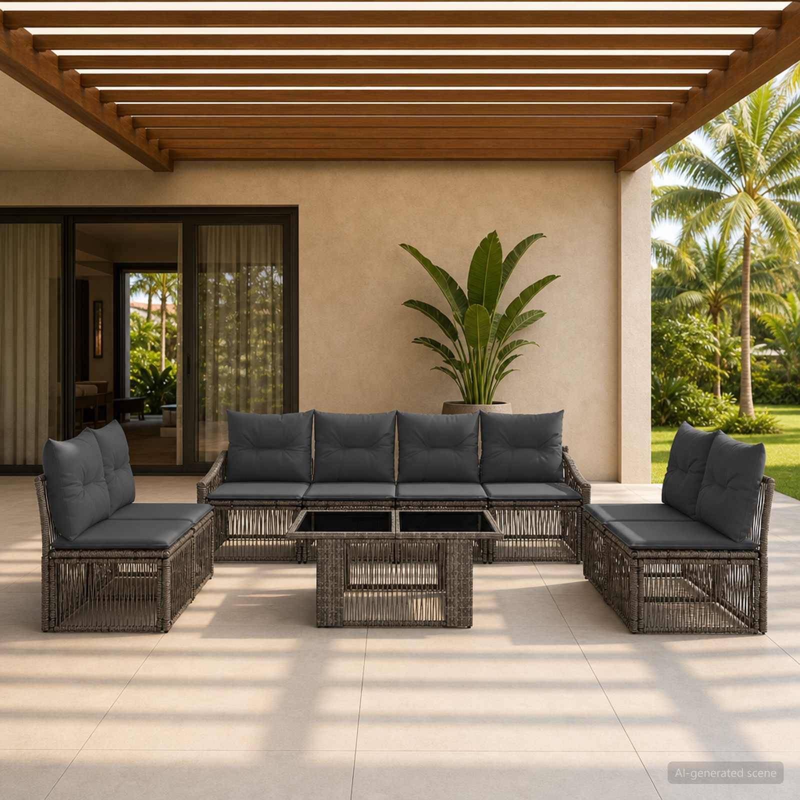 Moderner Außenterrassenbereich mit dunkelm Korbgeflecht-Rundsofagarniturasee und Couchtisch unter einer Holzpergola, neben einem tropischen Garten und Glasschiebetüren.