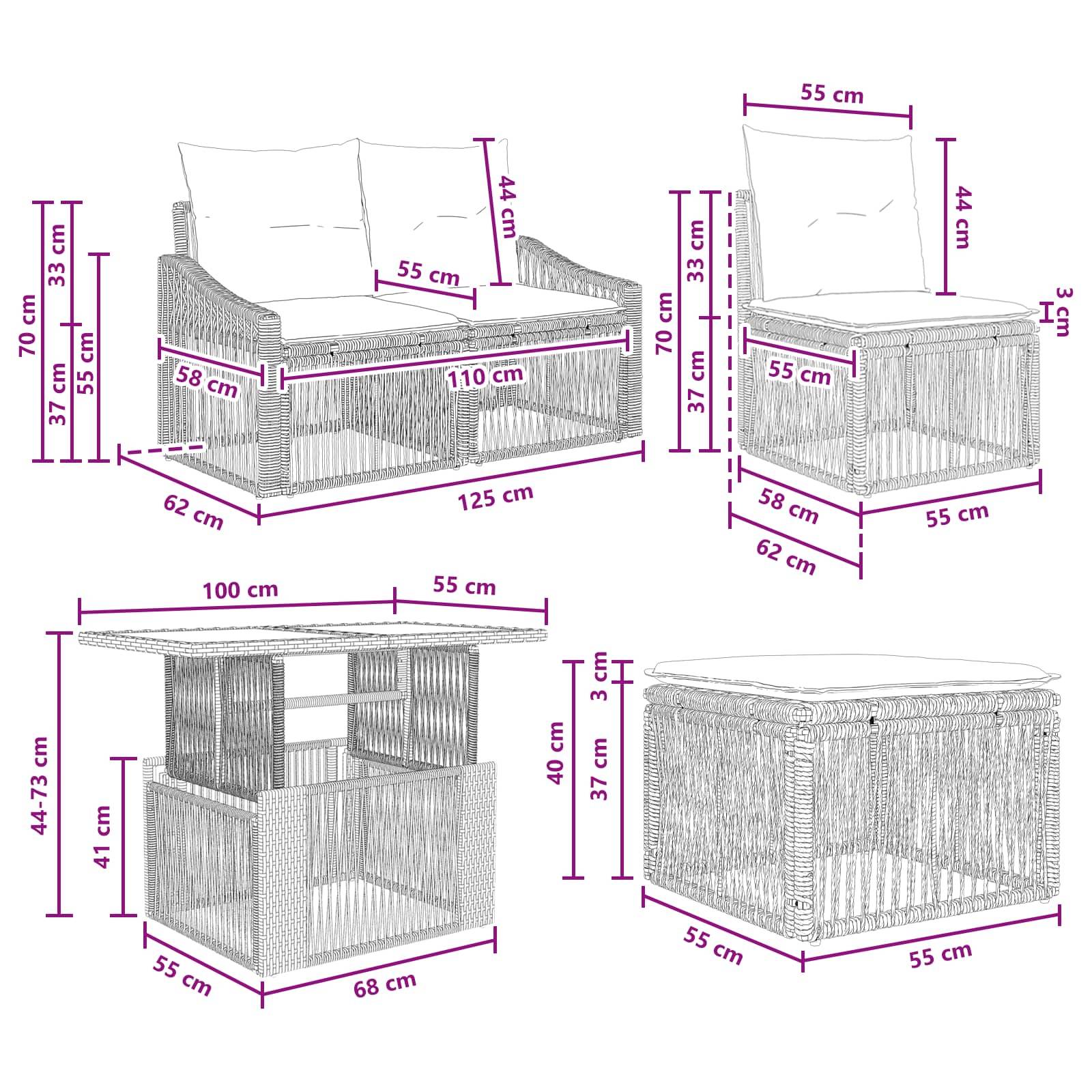 Dimensioniertes Korbmöbel-Terrassenmöbel-Set mit einer Liege, einem Sessel, einem Beistelltisch und einem Stauraum-Sitzkubus mit Abmessungen in cm.