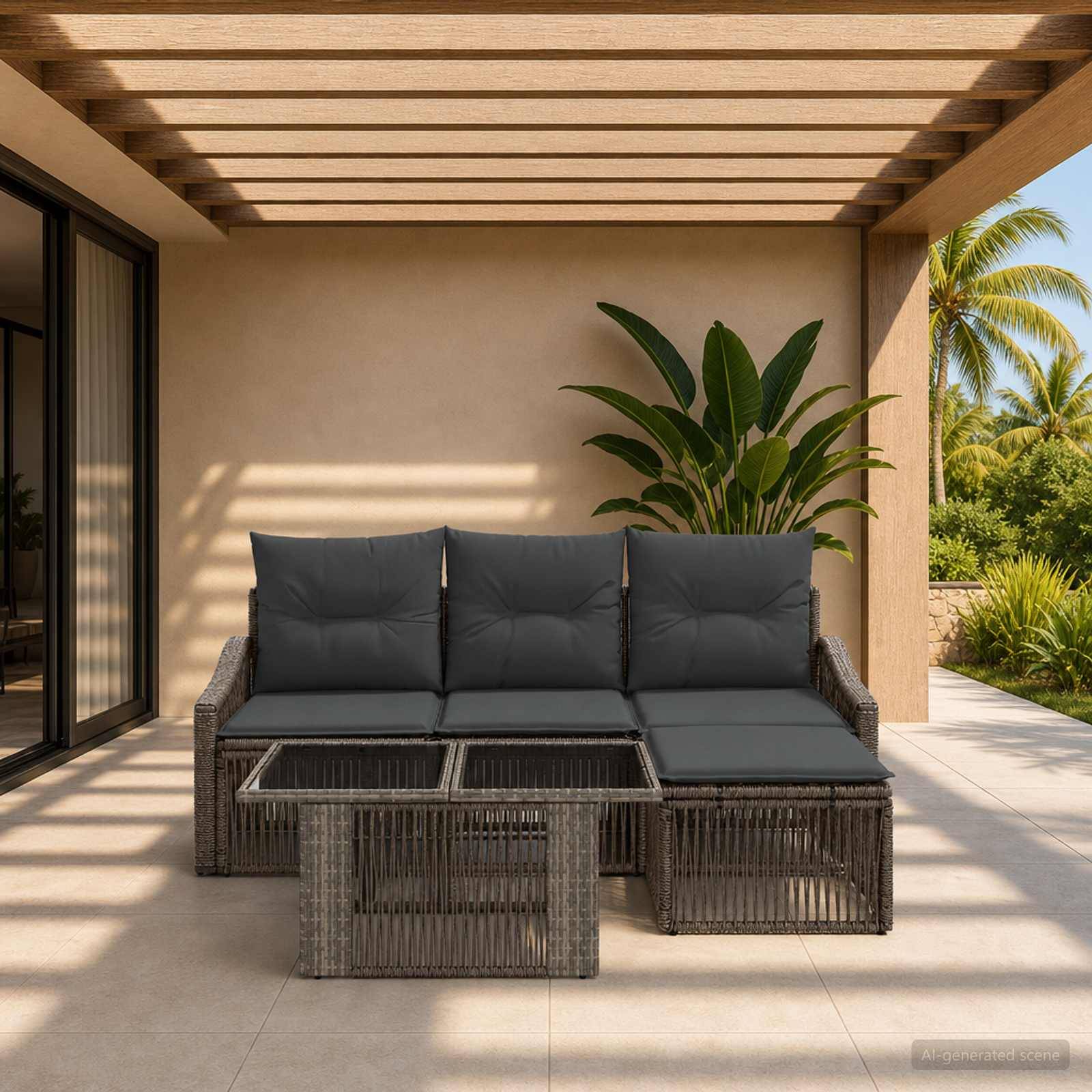 Outdoor-Terrasse mit Polstergarnitur aus Rattan, Glascouchtischen und einer großen Topfpflanze unter einer lamellenbedachten Pergola neben tropischer Bepflanzung.