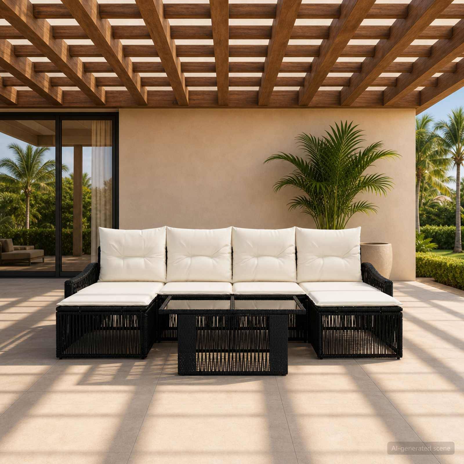 Outdoor-Terrasse mit schwarzem Rattanecksofa und weißen Kissen unter einer Holzpergola, neben einem tropischen Wandpflanzgefäß und Palmen.