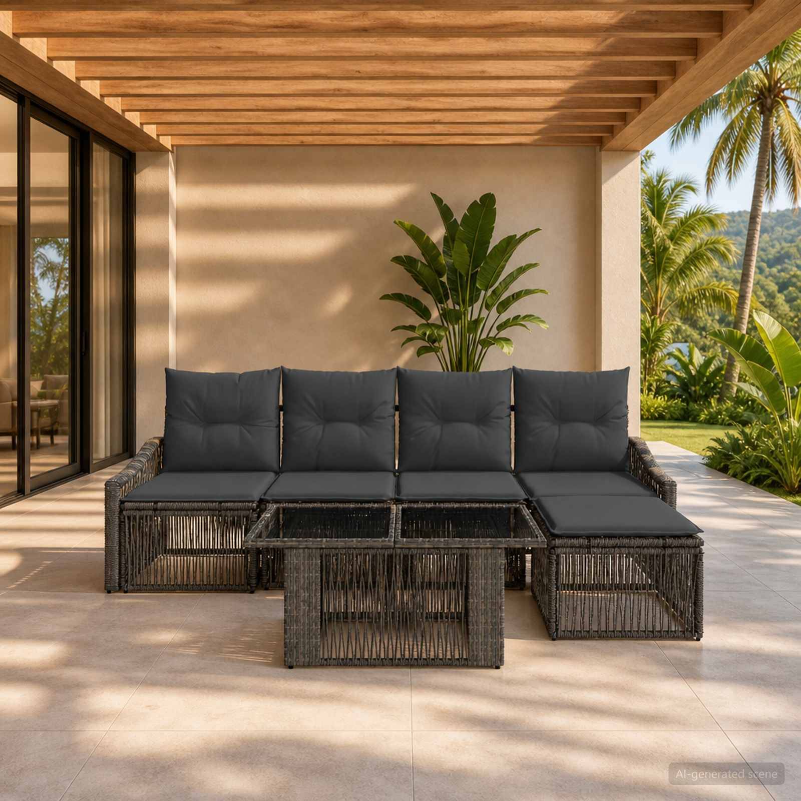 Outdoor-Terrasse mit dunkelm Geflecht-Sitzelement und Glaskaffeetisch unter einer Holzpergola, neben tropischer Bepflanzung und Palmen.