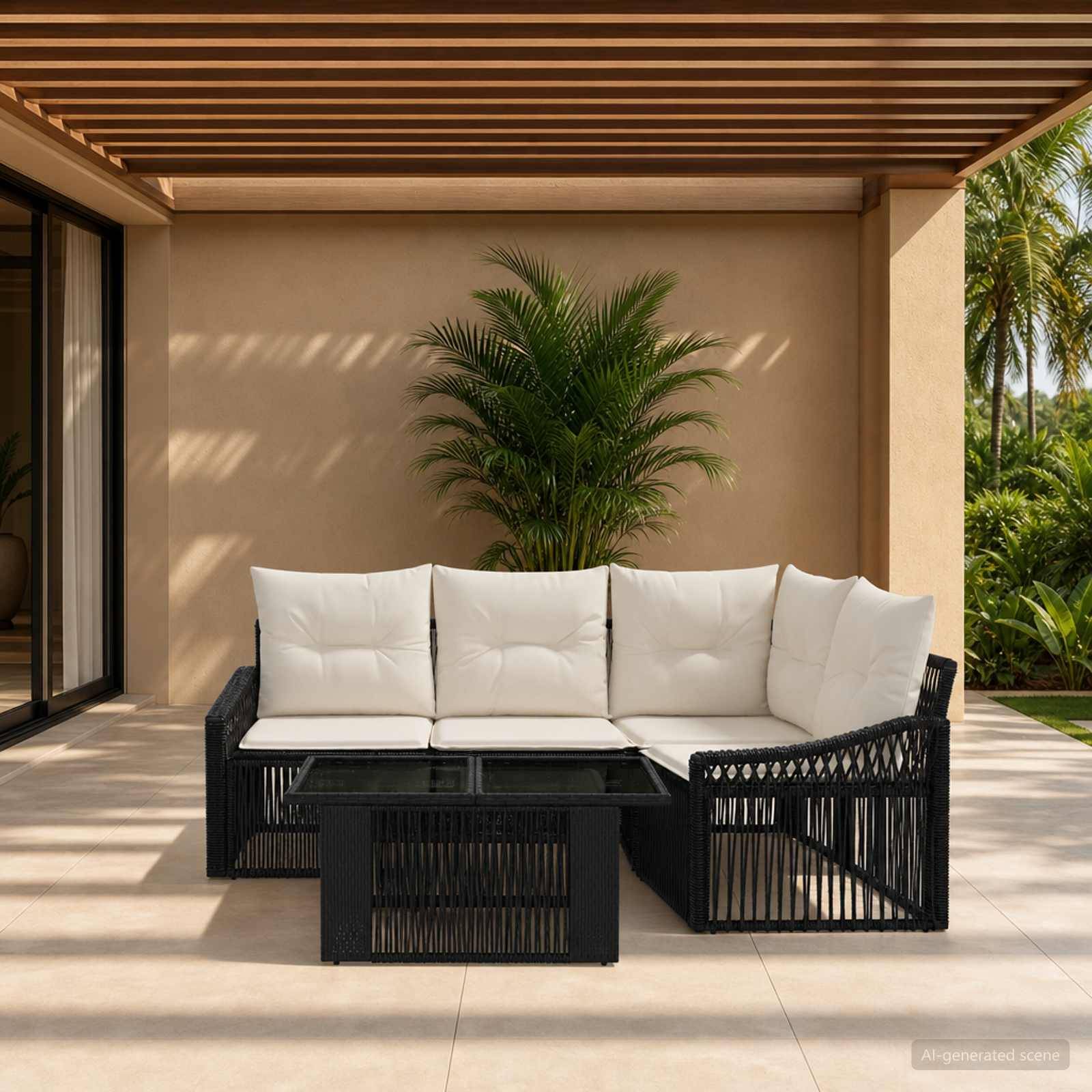 Moderner Terrassenbereich mit schwarzem Rattan-Ecksofa, weißen Kissen, Glascouchtisch und Topfpalme unter einer Lamellenpergola.