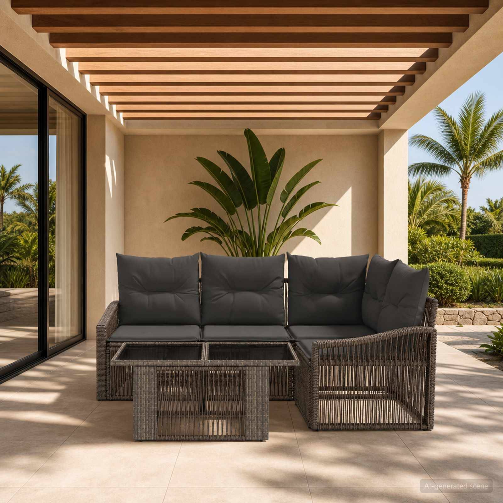 Terrasse im Freien mit Korbsektionalsofa, Couchtischen und großer Topfpflanze unter einer lamellenbedachten Pergola mit Blick auf einen tropischen Garten.