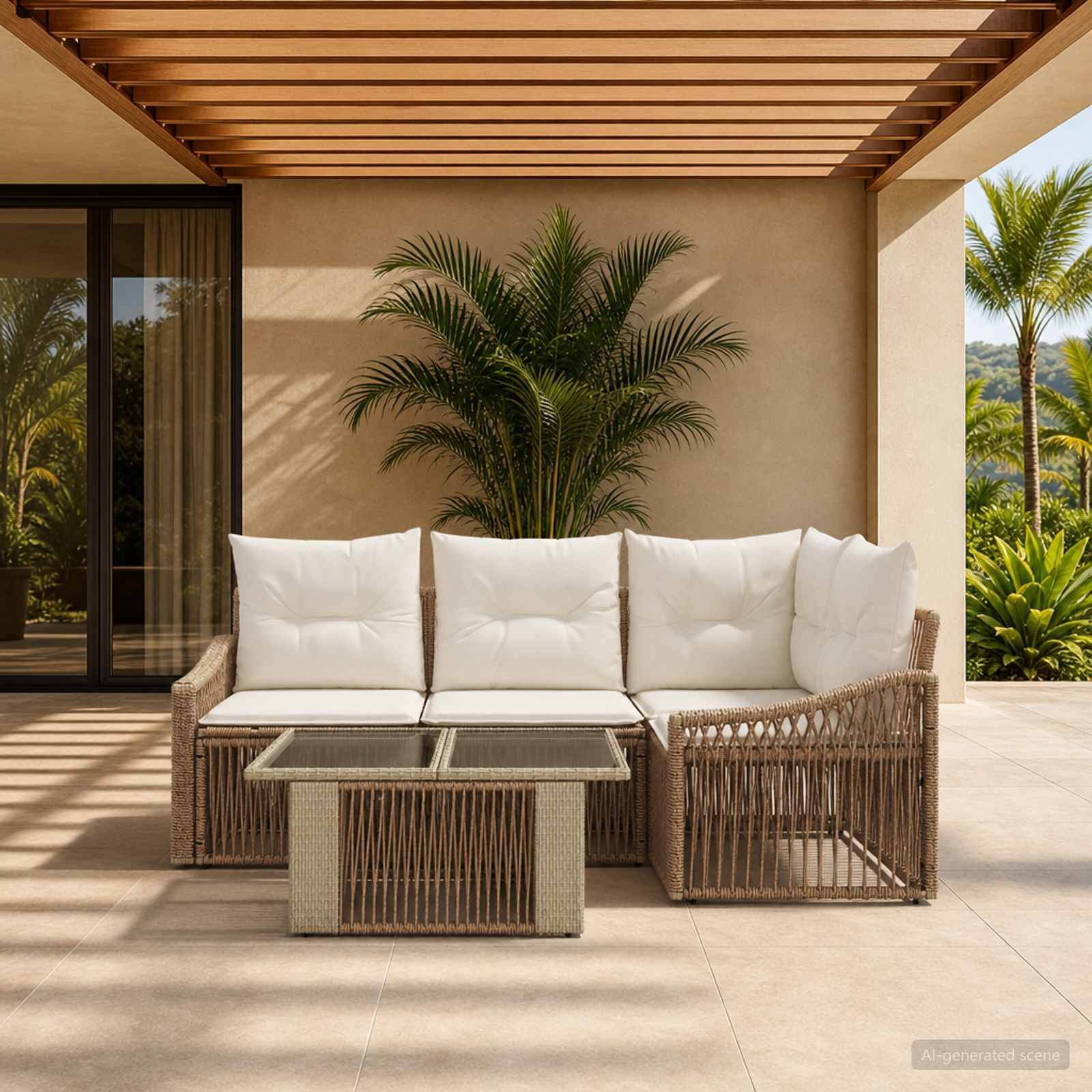 Außenpatio mit Korbsofa, weißen Kissen und Couchtisch unter einer lamellenbespannten Pergola, mit Topfpalme und tropischem Ausblick.