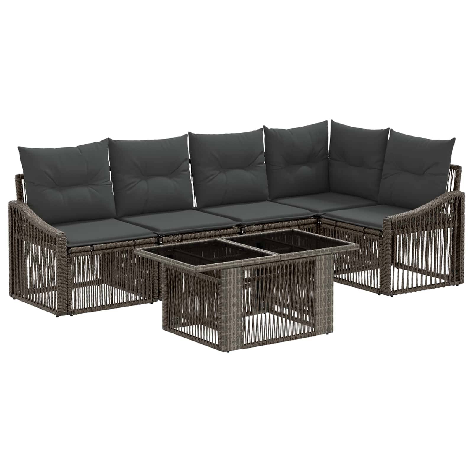 Outdoor-Rattanecksofa-Set mit dunklen Kissen und passendem Glastisch