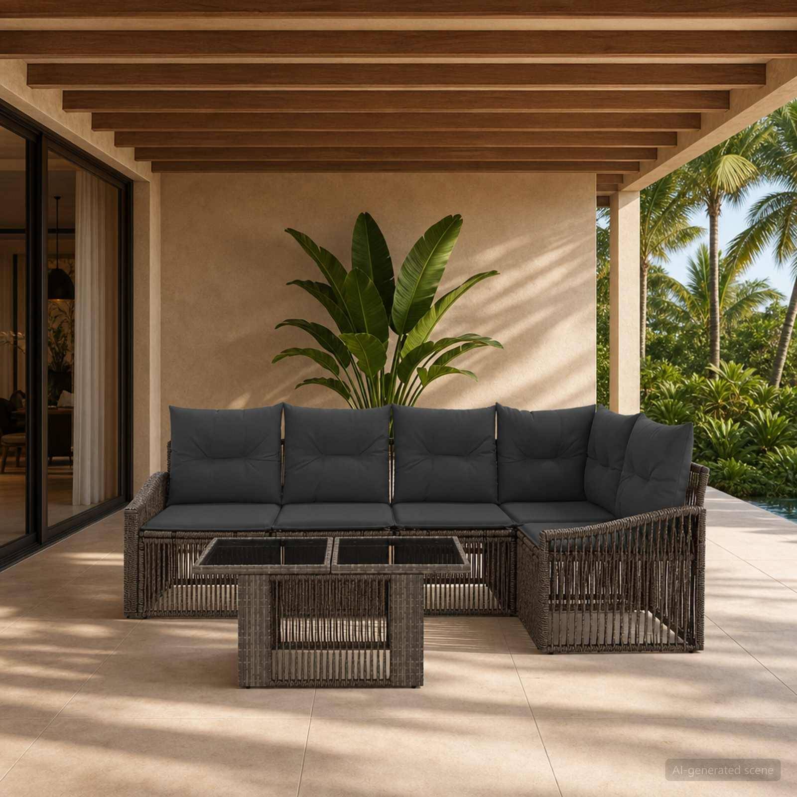 Outdoor-Terasse mit einem dunklen Rattansektionalsofa, gläsernem Couchtisch und getopfter tropischer Pflanze unter einer Holzpergola, neben einem Garten und Palmen.