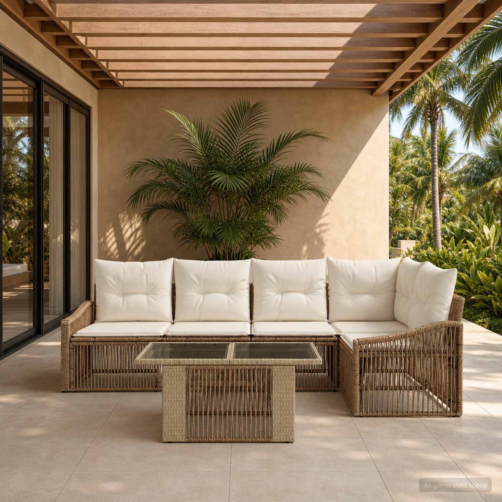 Außenbereich mit Rattanecksofa, weißen Polstern und Glastisch unter einer Lamellenpergola, mit tropischen Pflanzen im Hintergrund.