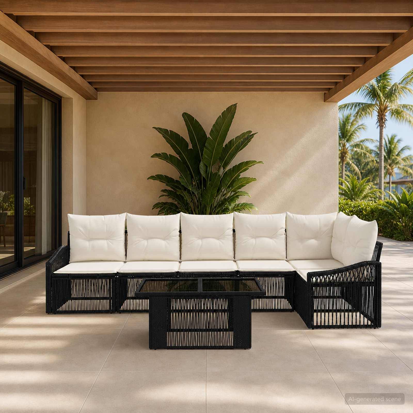Überdachte Terrasse mit einem schwarzen Polster-Ecksofa aus Rattangeflecht, weißen Kissen und einem Glascouchtisch vor einer großen tropischen Pflanze und Palmen.