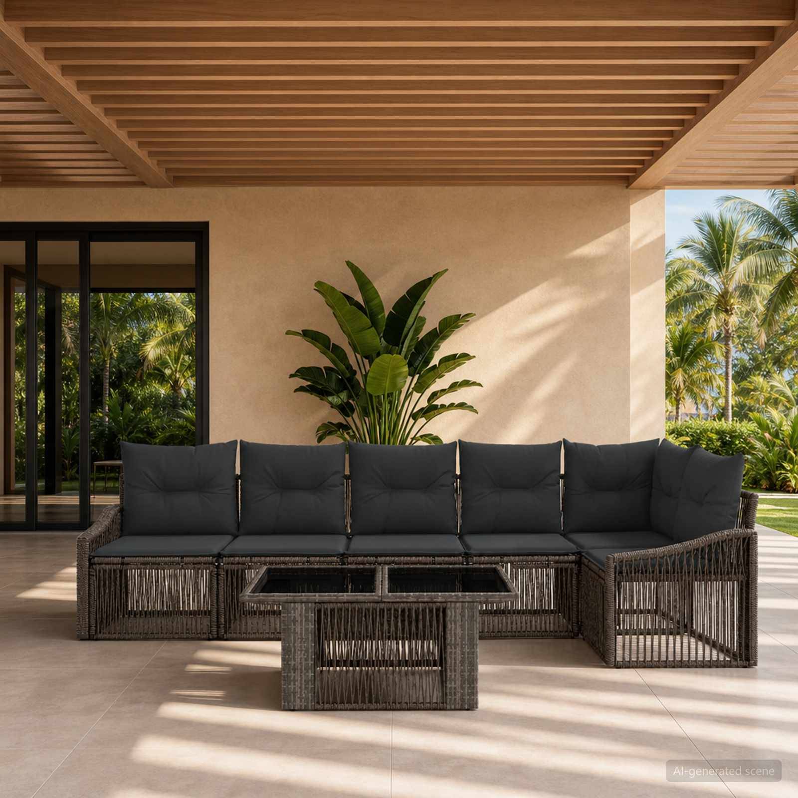 Terrasse im Freien mit einem dunkelbraunen Rattan-Ecksofa und passendem Couchtisch unter einem Dach mit Holzlamellen, mit tropischen Pflanzen und Palmen im Hintergrund.