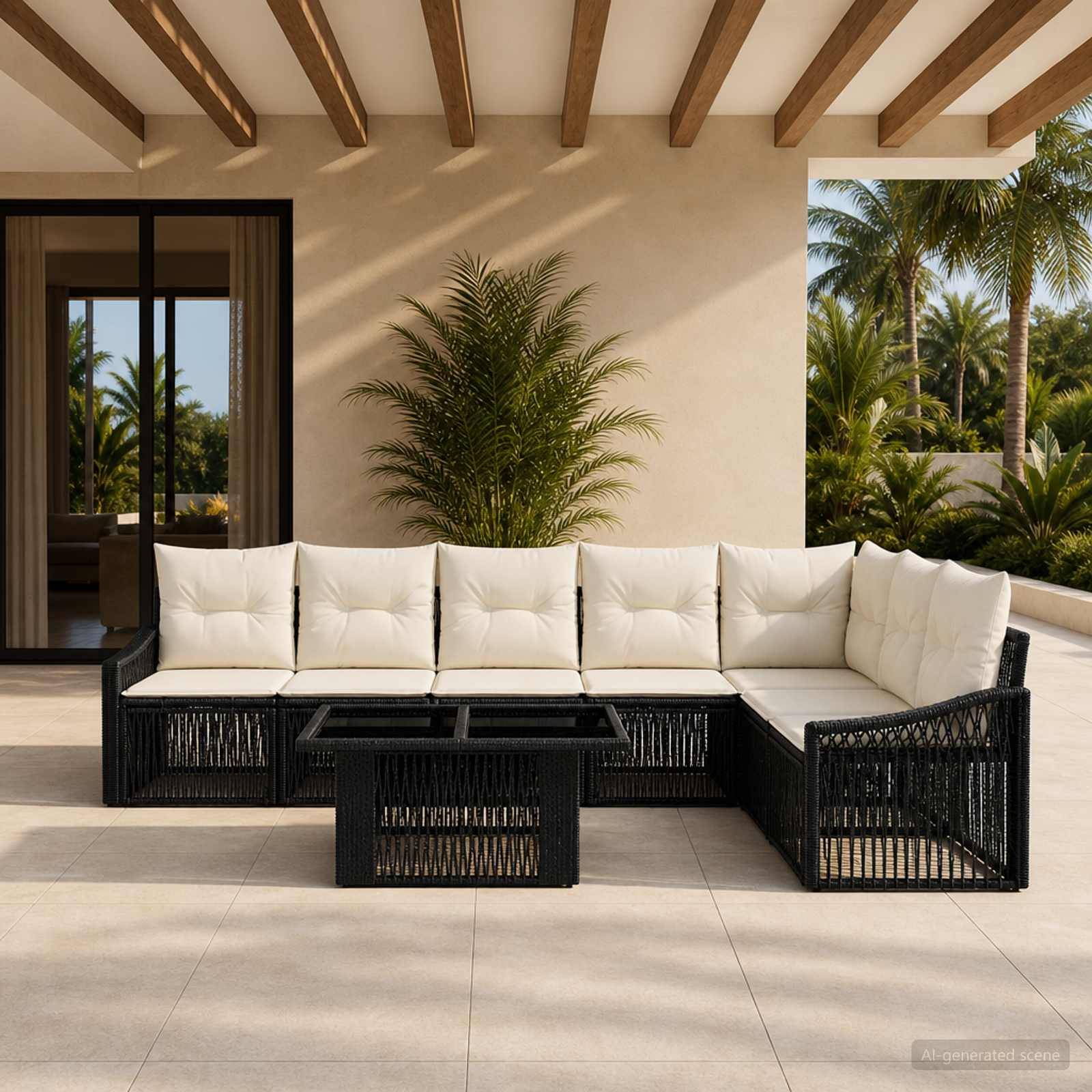 Außenbereich einer Terrasse mit einem schwarzen Korbsektionssofa, weißen Kissen und einem passenden Couchtisch unter einer überdachten Veranda mit Palmen in der Nähe.