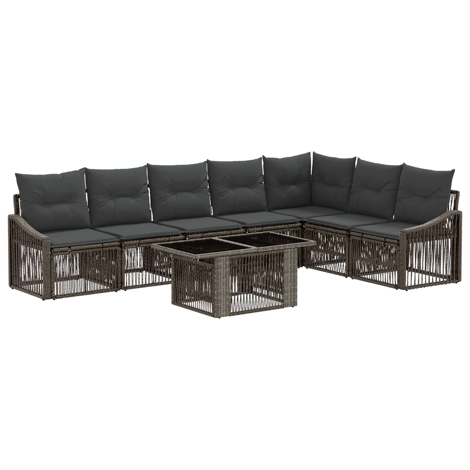 Outdoor-Loungeset mit grauen Kissen, geflochtenem dunklem Rahmen und passendem Glastisch auf weißem Hintergrund.