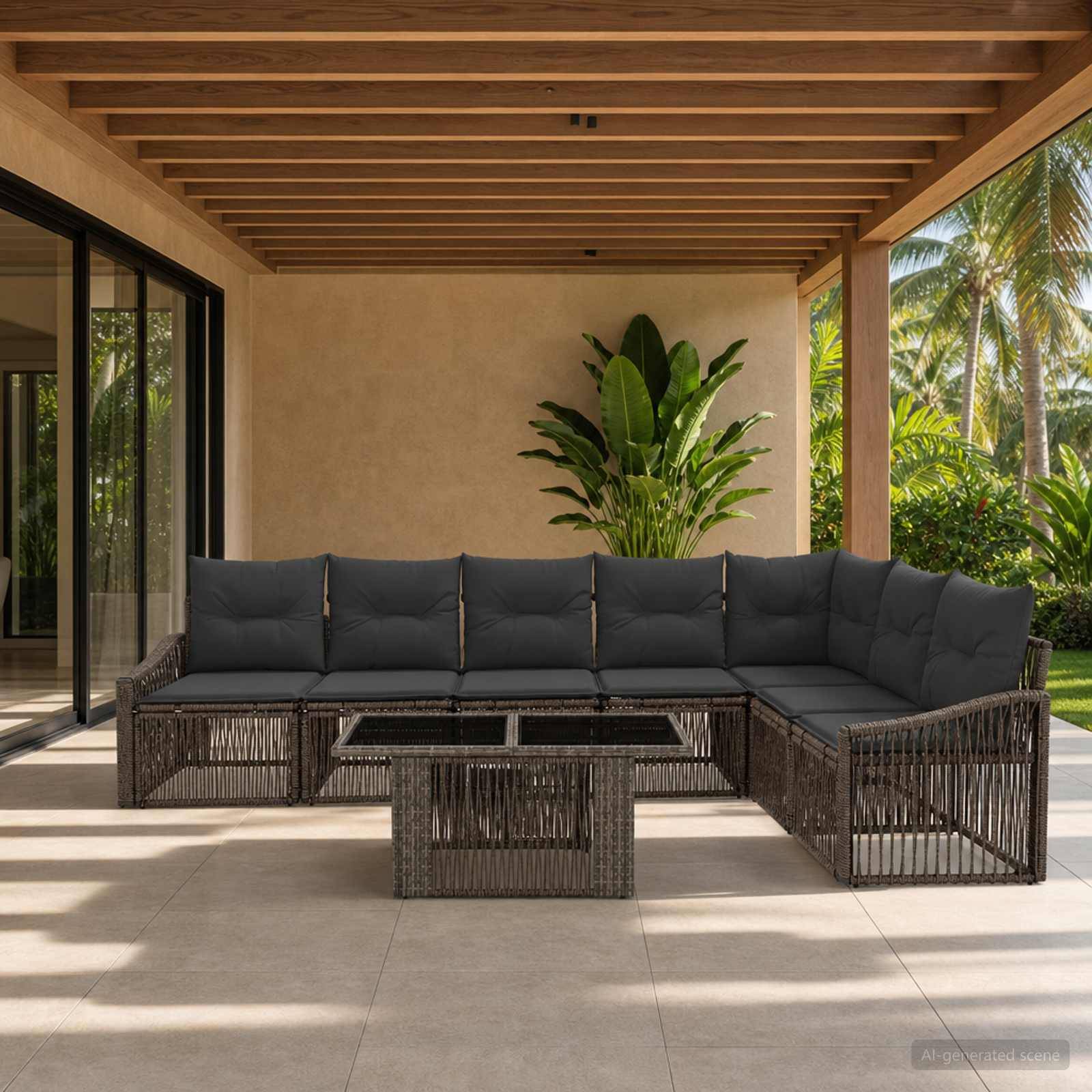 Überdachte Terrasse mit einem L-förmigen Rattan-Ecksofa und Couchtisch mit Blick auf tropische Landschaftsbepflanzung mit Palmen und Glasschiebetüren.