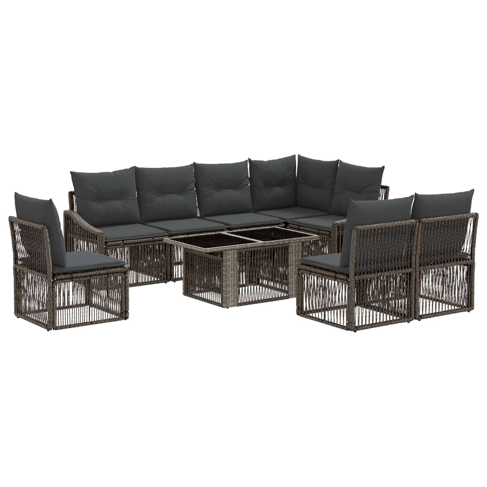 Outdoor-Terrassensektionalset mit dunkelgeflochtenem Rattanrahmen, grauen Kissen und passendem quadratischem Couchtisch auf weißem Hintergrund.