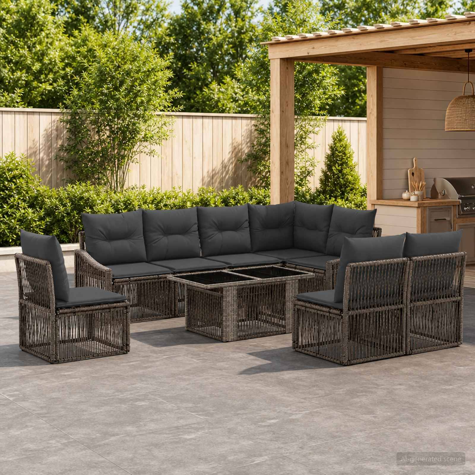 Gartenmöbel-Set im Freien mit dunklem Rattansektional, Stühlen und Glaskaffeetisch unter einer Holzpergola im Hinterhof.