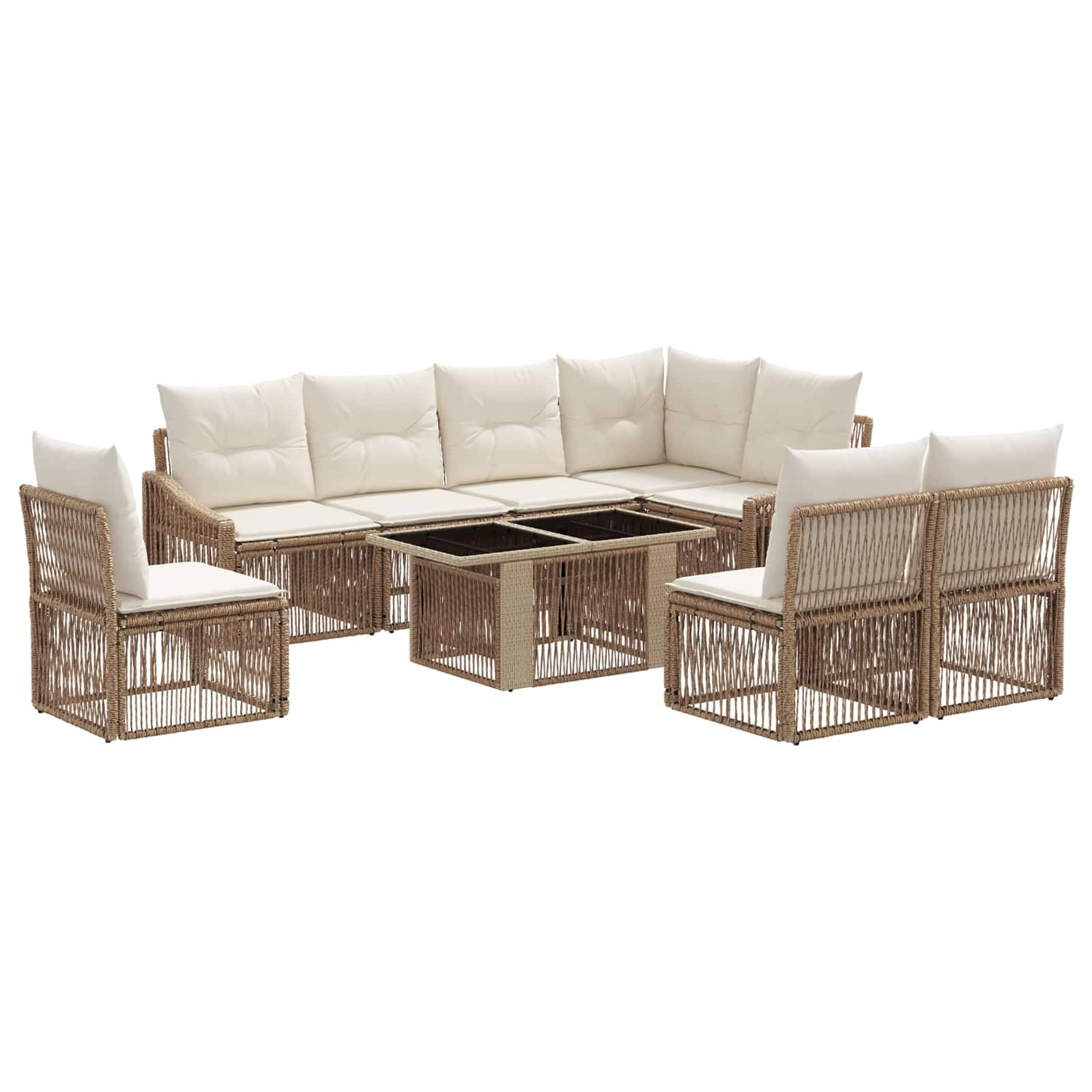 Outdoor-Polyrattan-Ecksofa-Gartenmöbelset mit beigen Kissen und passenden Couchtischen, U-förmig auf weißem Hintergrund angeordnet