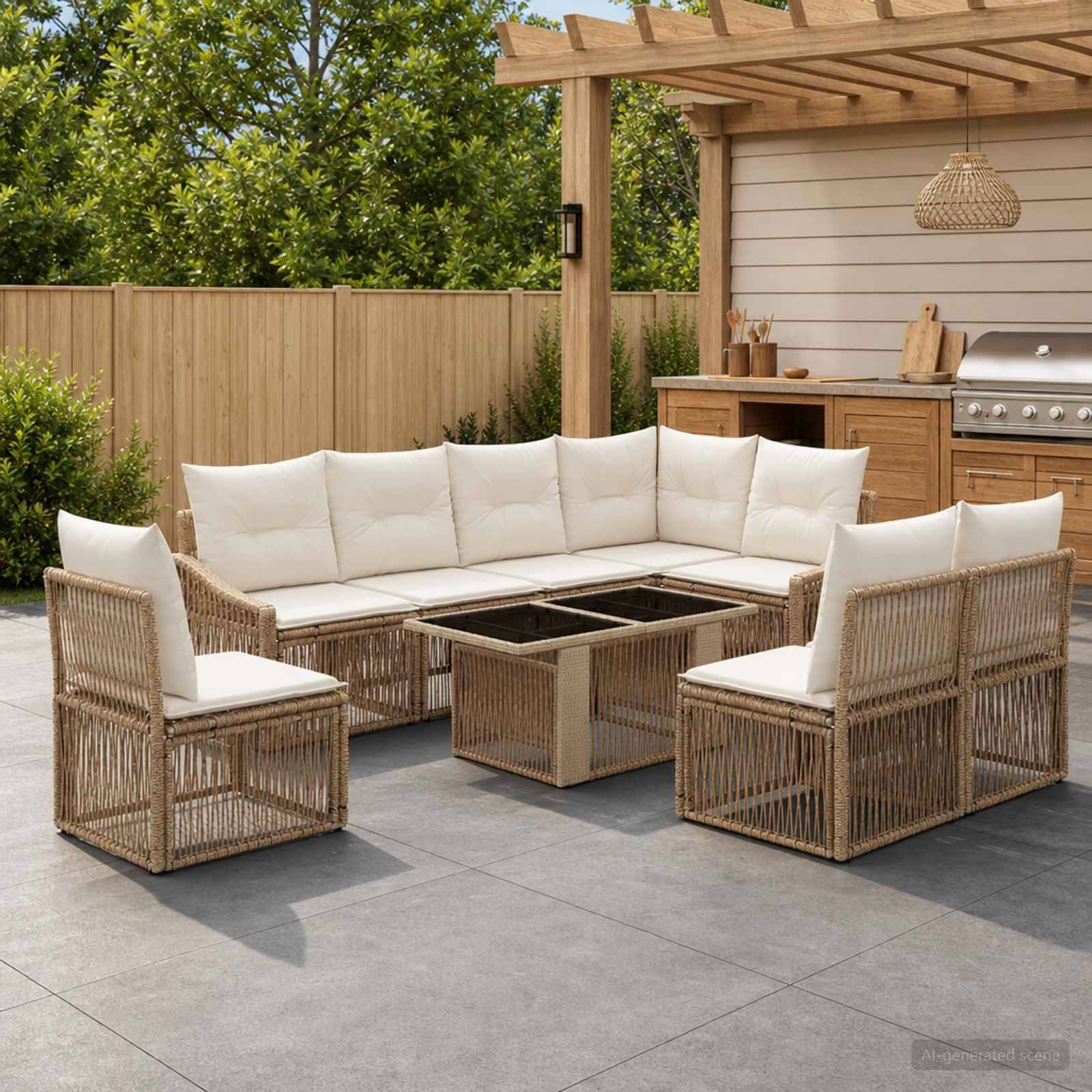 Outdoor-Terrassengarnitur mit Polyrattan-Ecksofa, zwei Sesseln und Feuerstelle-Couchtisch unter einer Pergola neben einer Grillstation.