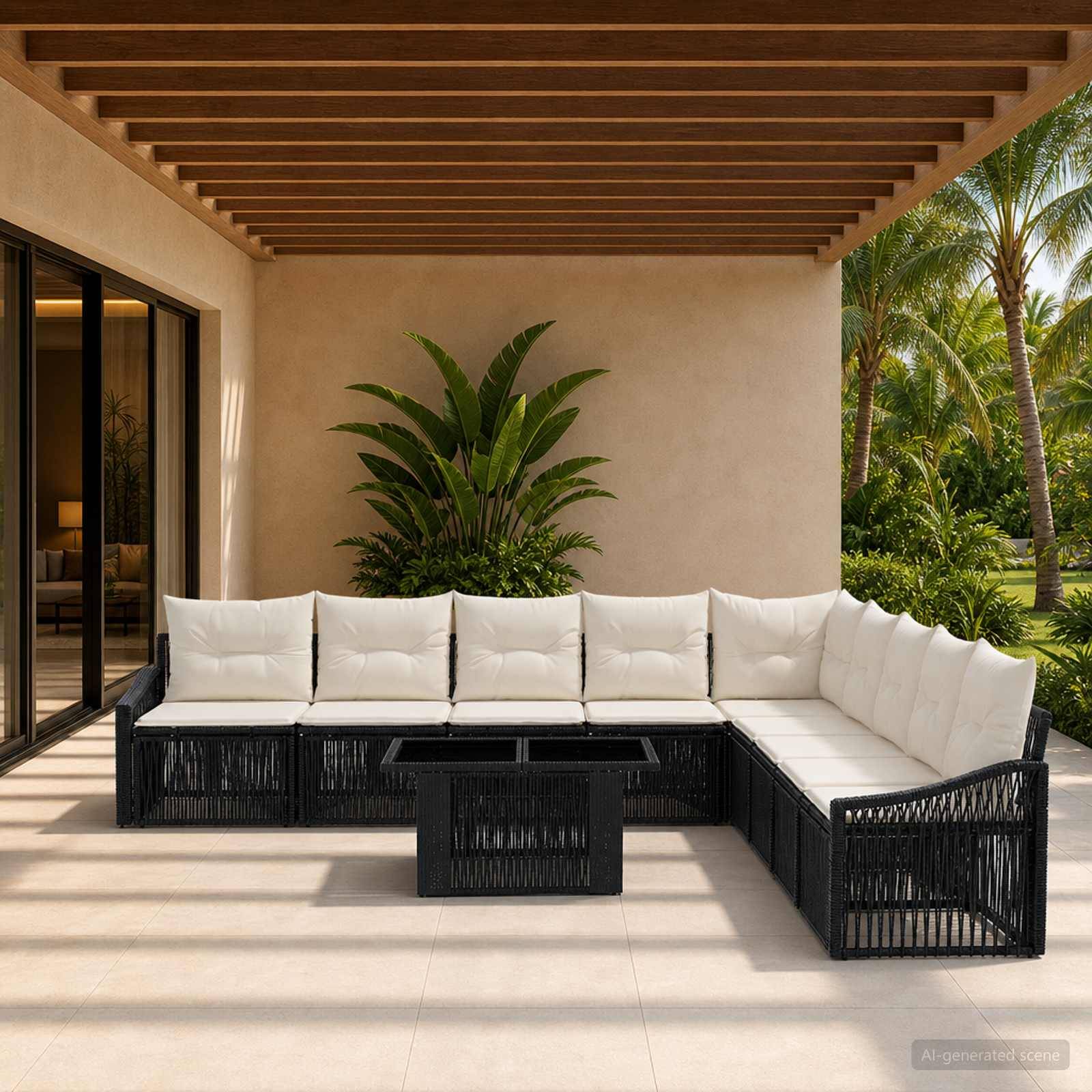 Outdoor-Terrasse mit schwarzem Rattan-L-förmigen Ecksofa, weißen Kissen und zentralem Couchtisch unter einer Holz-Pergola, mit Blick auf tropische Vegetation.