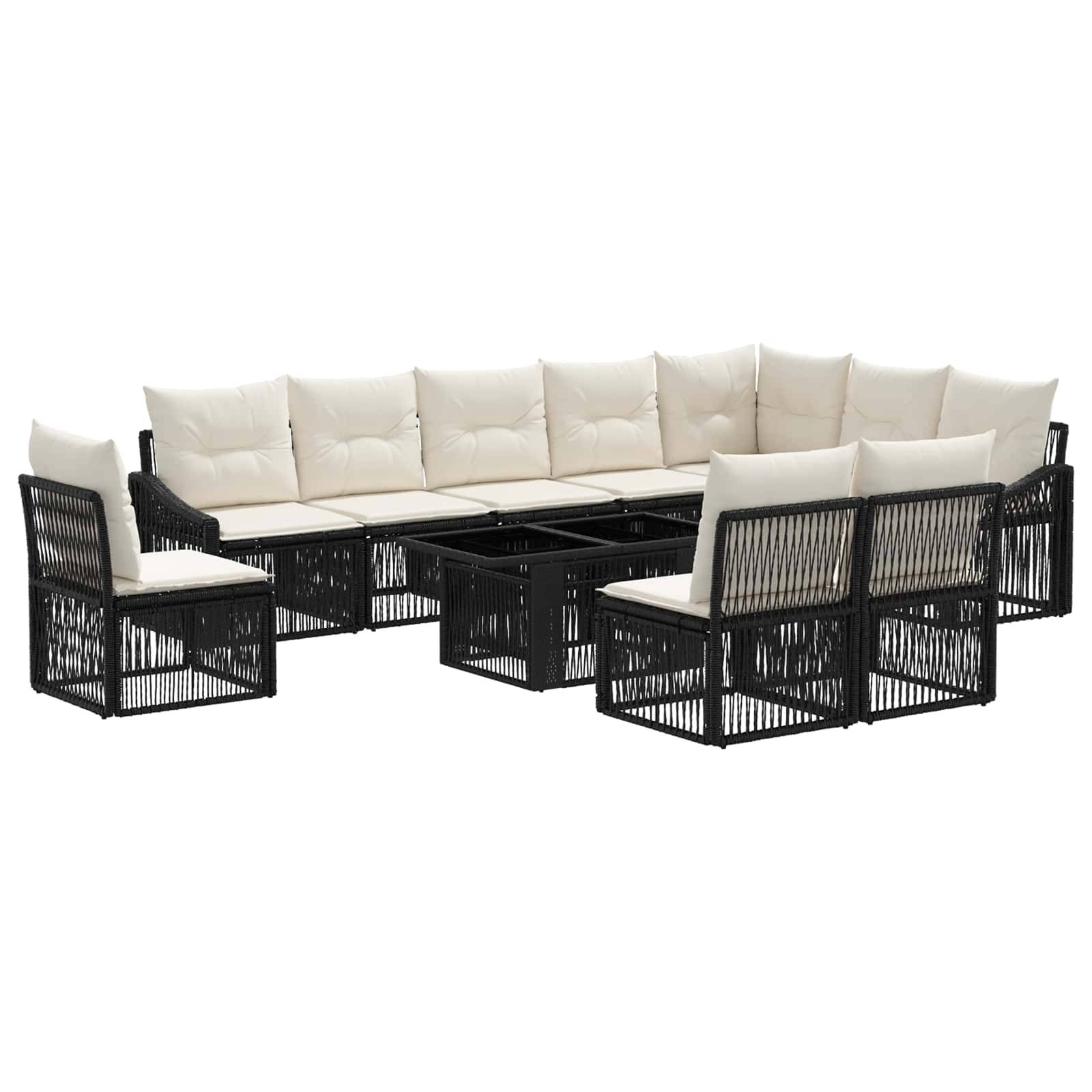 Schwarzes Gartenmöbel-Set aus Rattan mit cremefarbenen Kissen und zwei passenden Sesseln auf weißem Hintergrund.