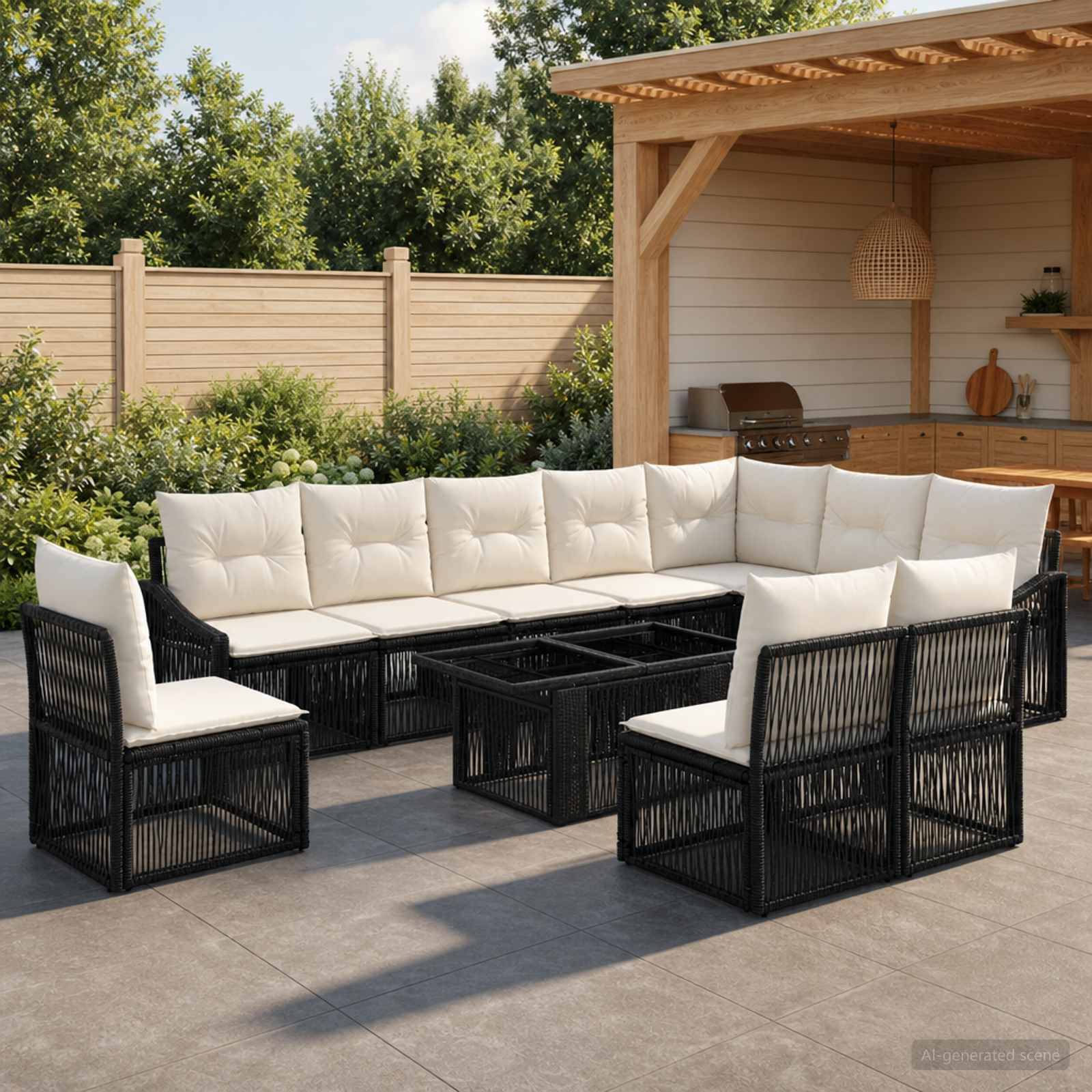 Außenveranda mit schwarzer Korbsitzgruppe, weißen Kissen und einem Glascouchtisch neben einer Holzpergola und einem Grill in einem landschaftlich gestalteten Garten.