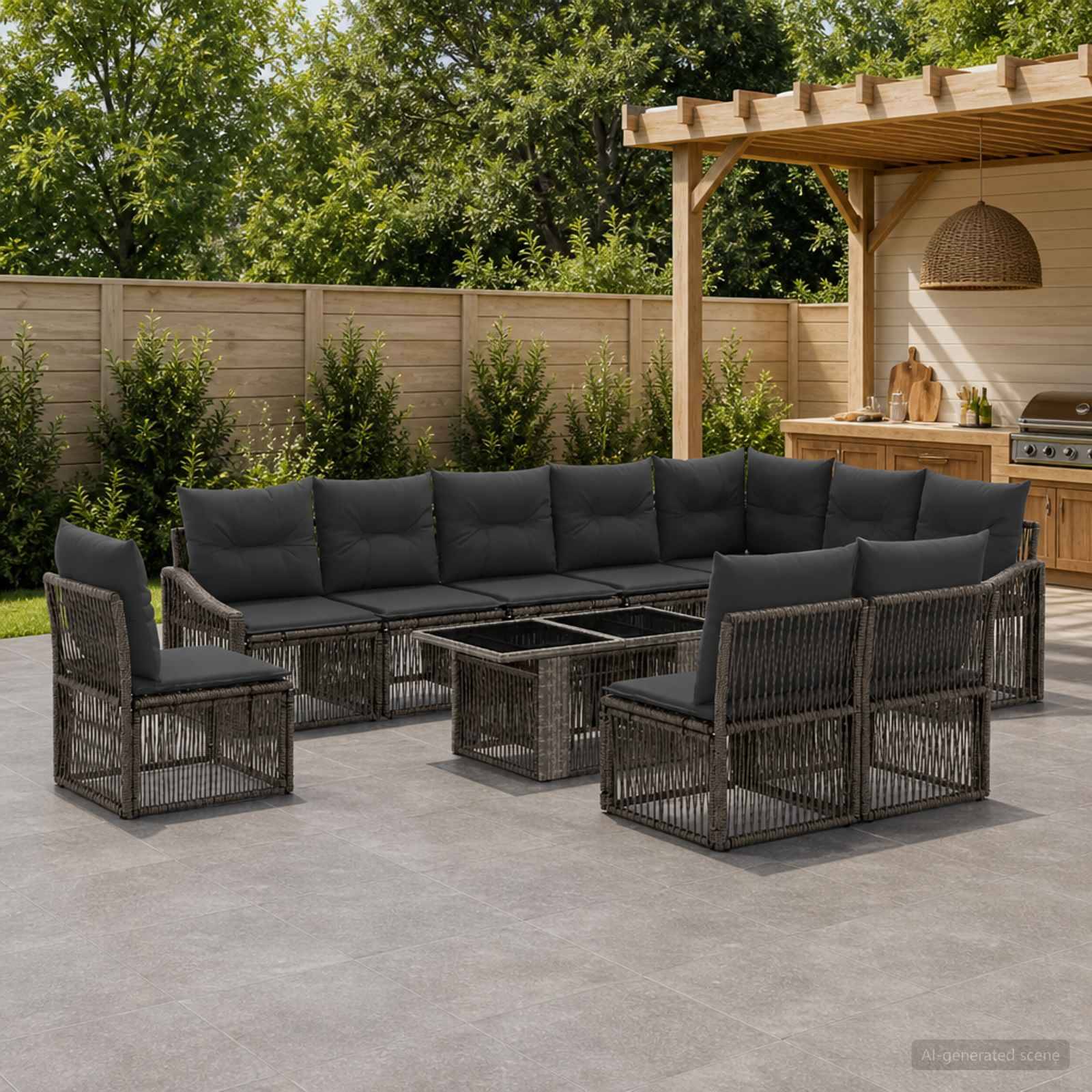 Außenbereich einer Terrasse mit dunkelm Polyrattan-Ecksofa, Stühlen und Couchtisch neben einer Pergola und einem Grill.
