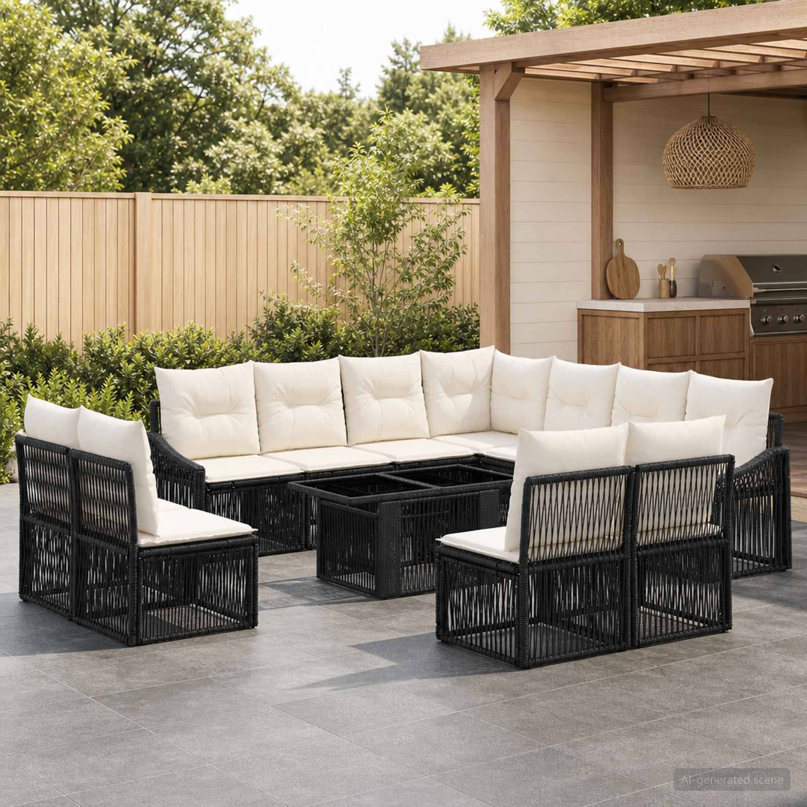 Außenbereich-Sitzplatz mit schwarzer Rattan-Eckgarnitur, weißen Kissen und passenden Couchtischen neben einer überdachten Grill-/Barnisc und eingezäuntem Garten.