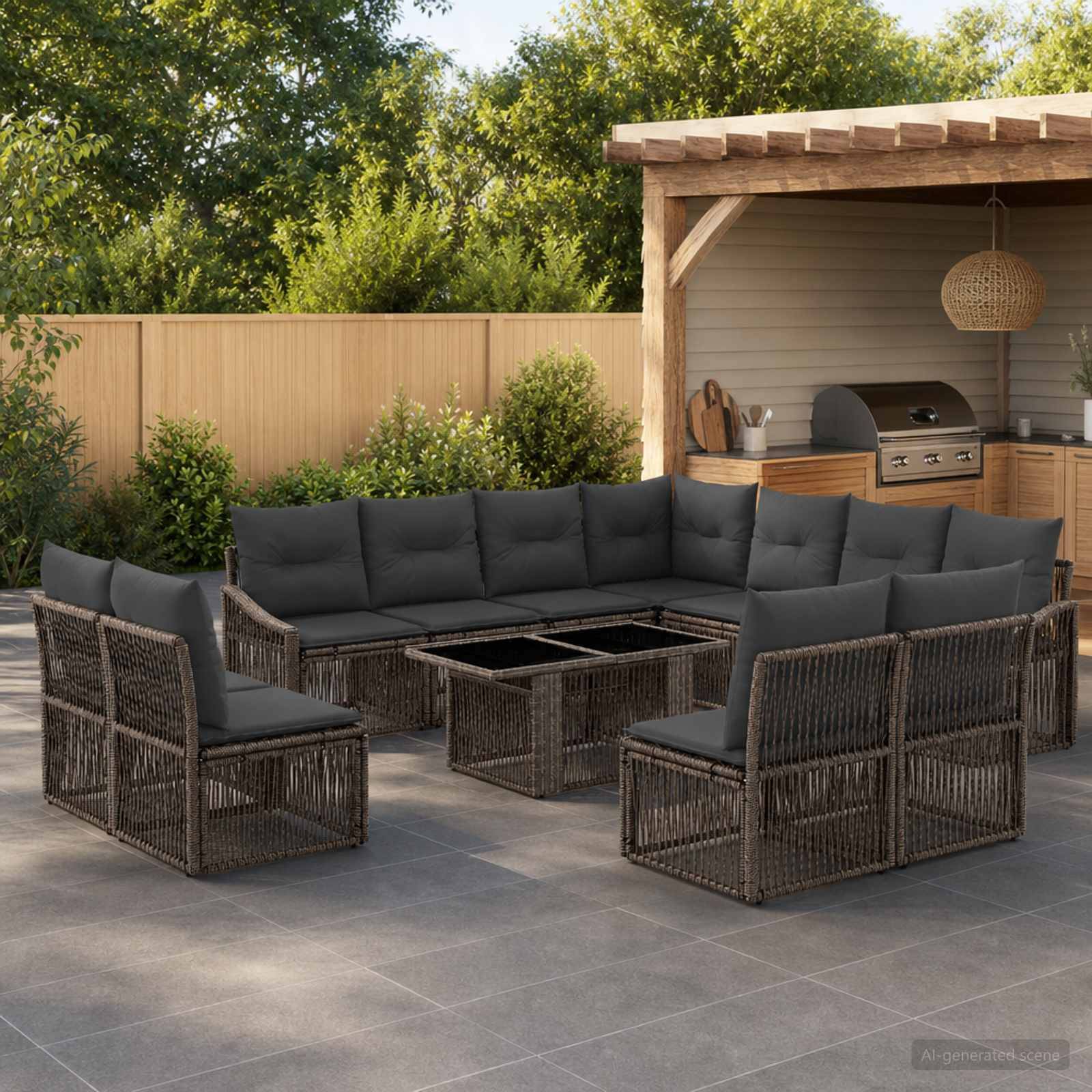 Terrasse im Freien mit dunkel gewebten Eckpolstermöbeln um eine quadratische Feuerstelle, neben einer überdachten Außenküche und umgeben von einem Holzzaun und Grünflächen.