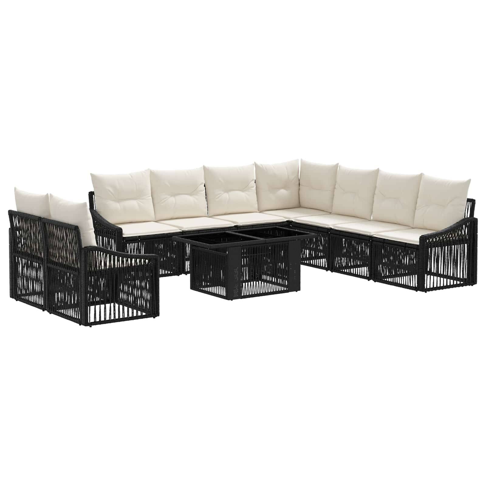 Outdoor-Lounge-Sofa-Set mit cremefarbenen Kissen und schwarzem geflochtenem Rahmen, bestehend aus einer Eckeinheit, Sesseln und einer zentralen Tischplattform.