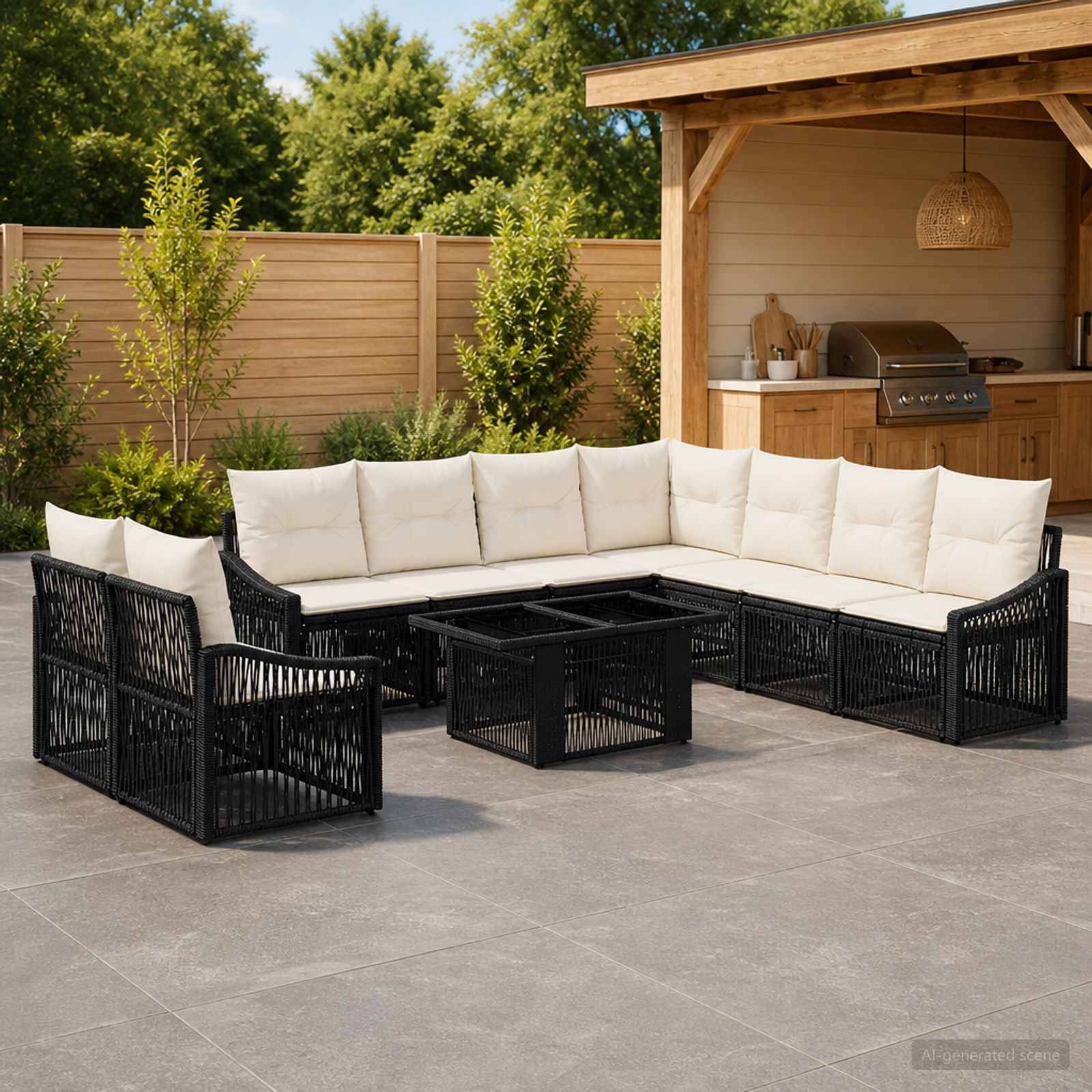 Outdoor-Sitzgarnitur für die Terrasse mit schwarzem Rattan-Ecksofa und weißen Kissen um einen quadratischen Couchtisch herum, neben einem Grillbereich im Hinterhof.
