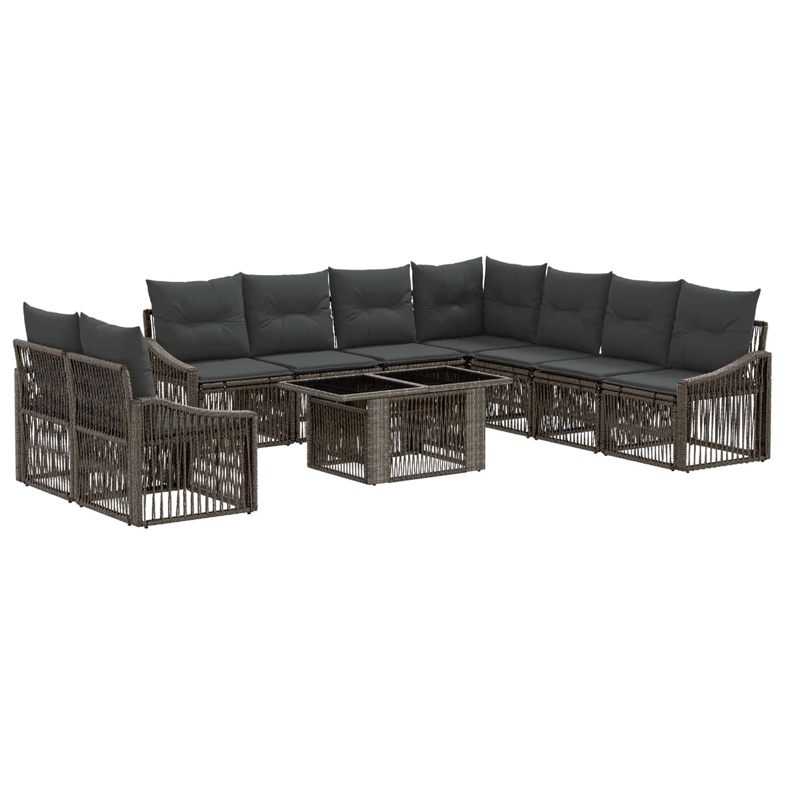 Outdoor-Polyrattan-Ecksofa-Set für die Terrasse mit dunklen Kissen, passendem Sessel, Ottomane und Glastisch-Couchtisch