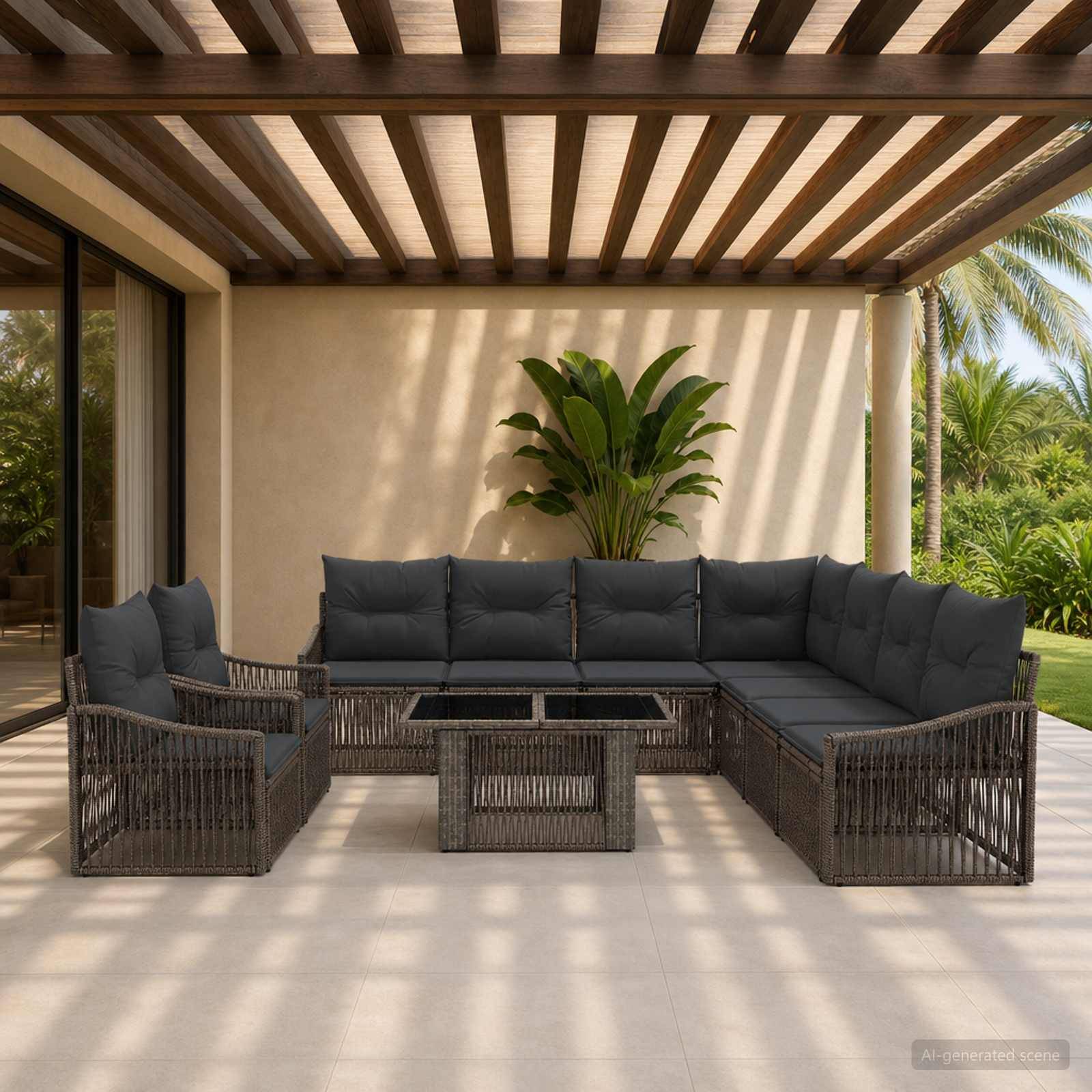 Überdachte Terrasse mit einem L-förmigen Rattan-Ecksofa und einem Sessel um einen Couchtisch herum, beschattet durch eine Lamellenpergola mit einer Topfpflanze und tropischem Ausblick.