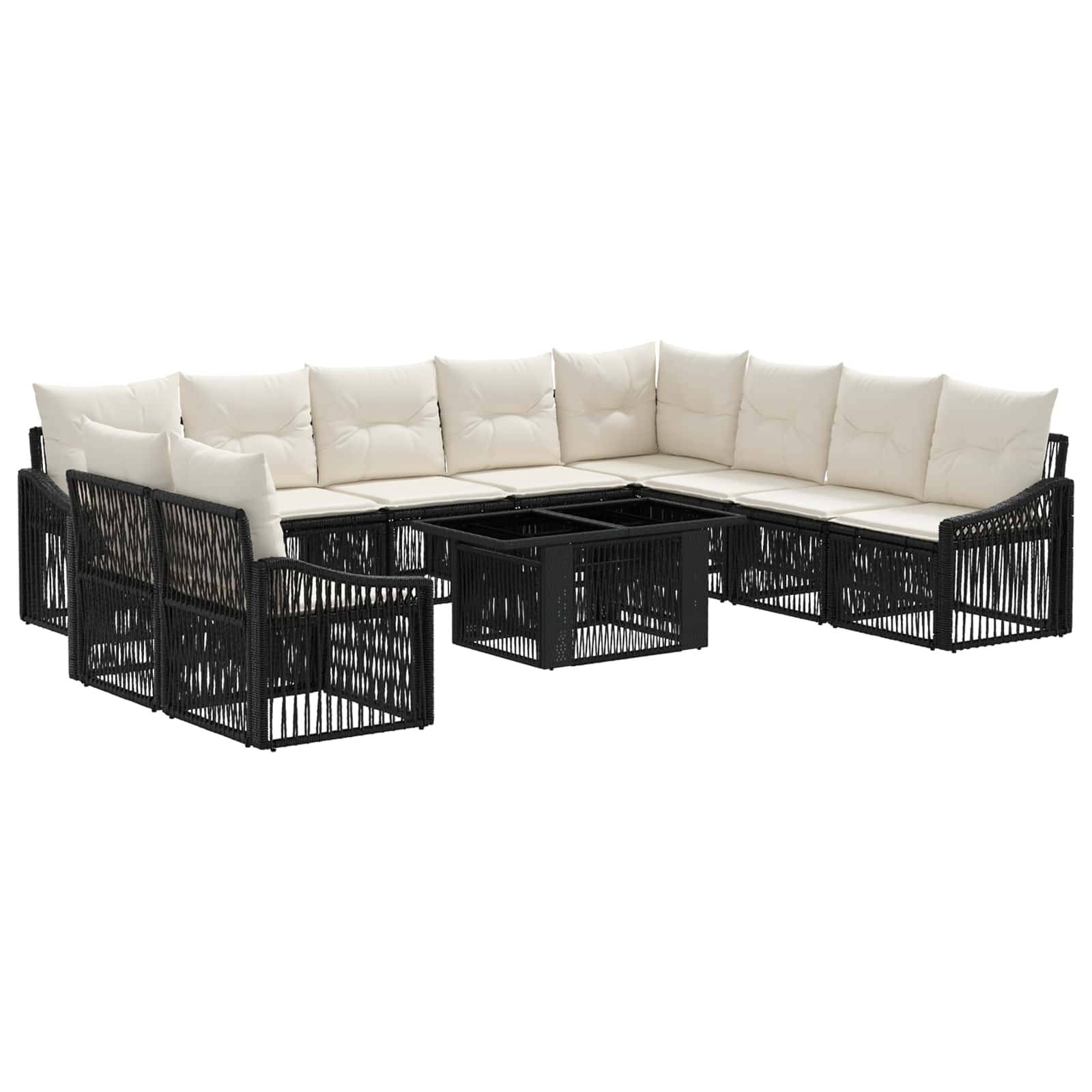 Schwarze Rattan-Außensektionalcouch mit beigen Kissen und passendem Glastisch, auf weißem Hintergrund dargestellt.