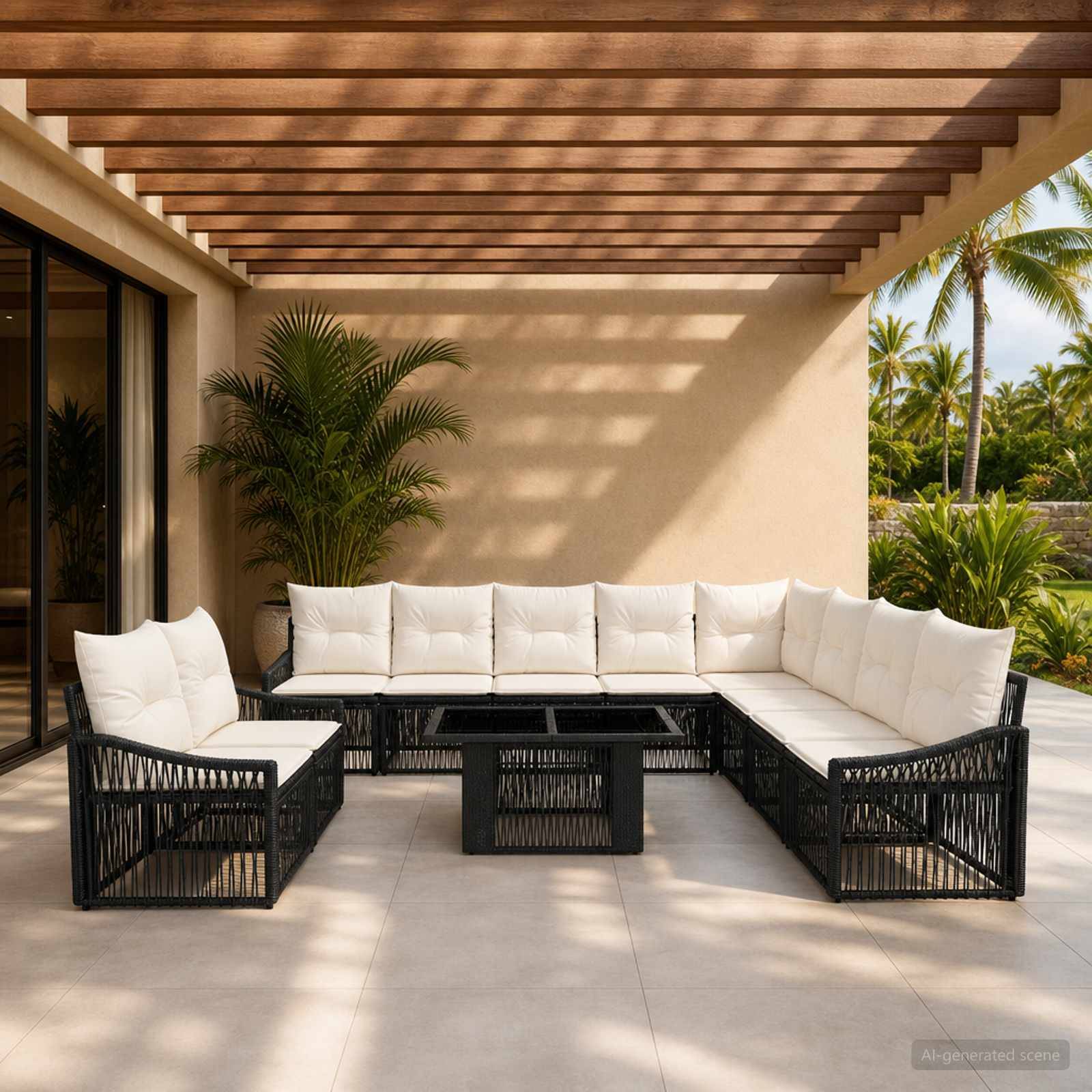 Außenterrasse mit schwarzem Rattansektional und weißen Kissen unter einer Pergola, neben Glasschiebetüren und tropischer Bepflanzung.