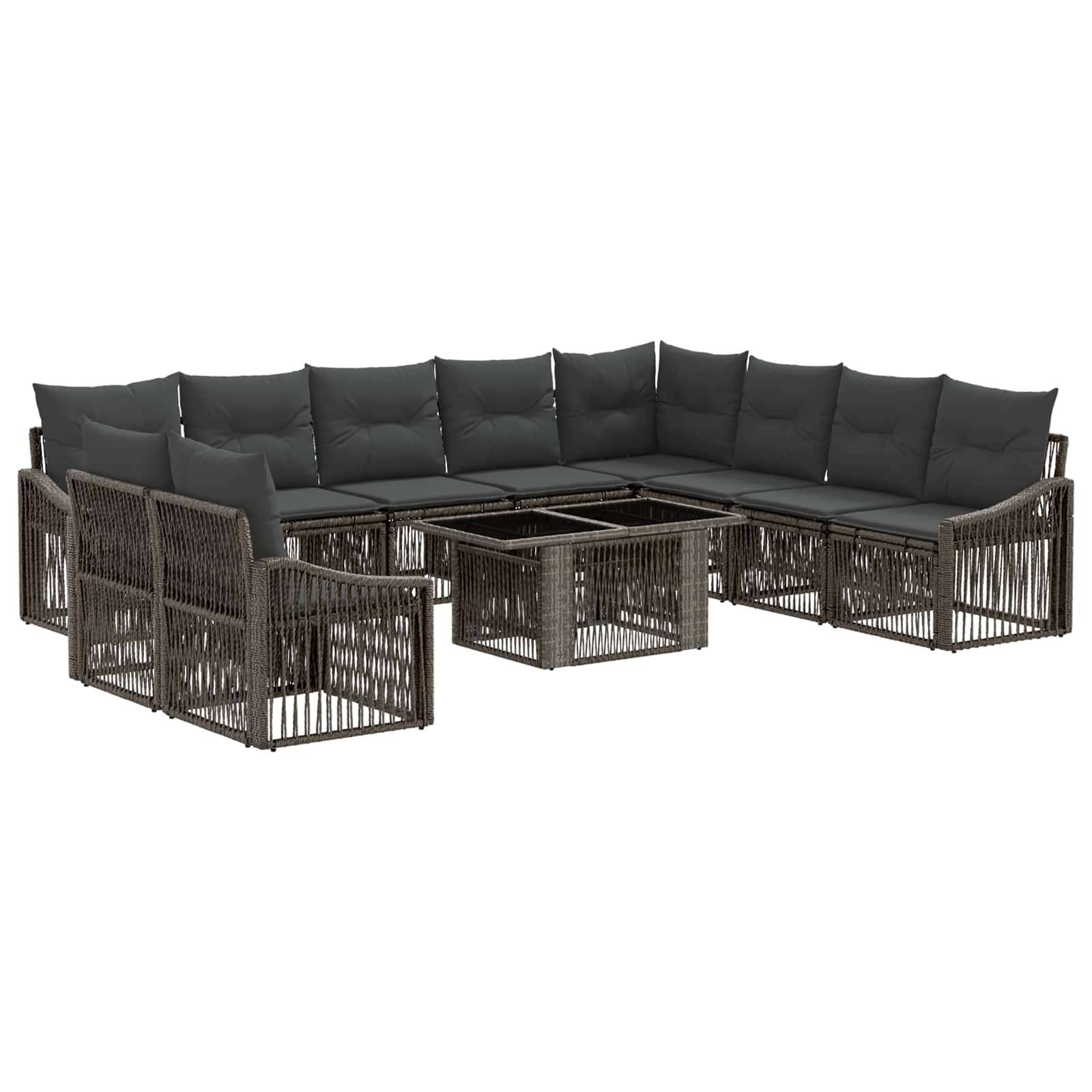Modulares Gartensektionalsofa mit dunkelgeflochtenem Rattanrahmen, schwarzen Kissen und passenden Glastisch-Couchtischen