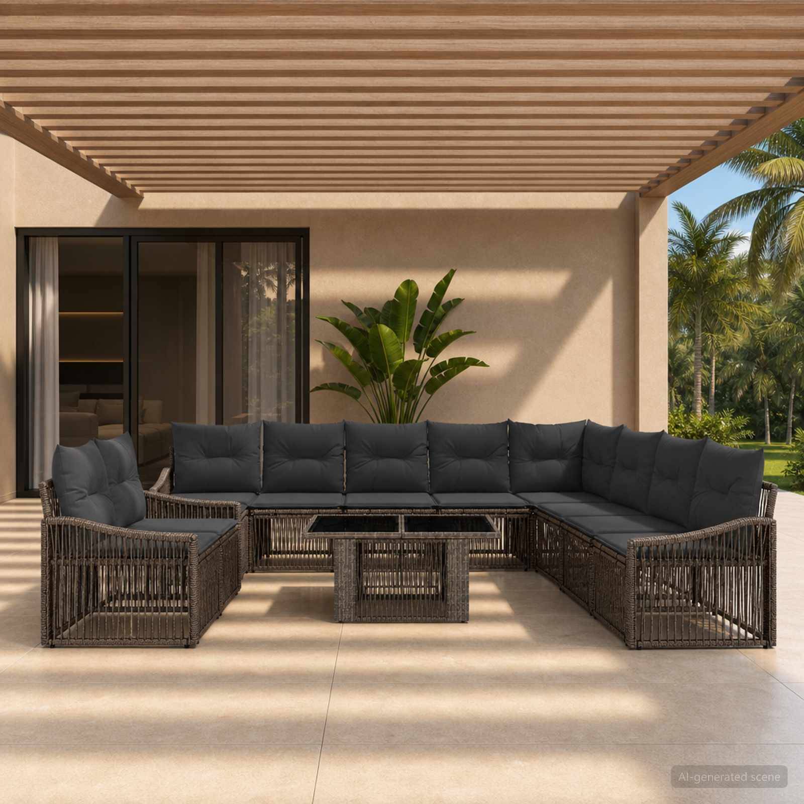 Terrasse im Freien mit einem dunklen Wickel-Ecksofa und Couchtisch unter einer Pergola, neben Glasschiebetüren und einer Topfpflanze.