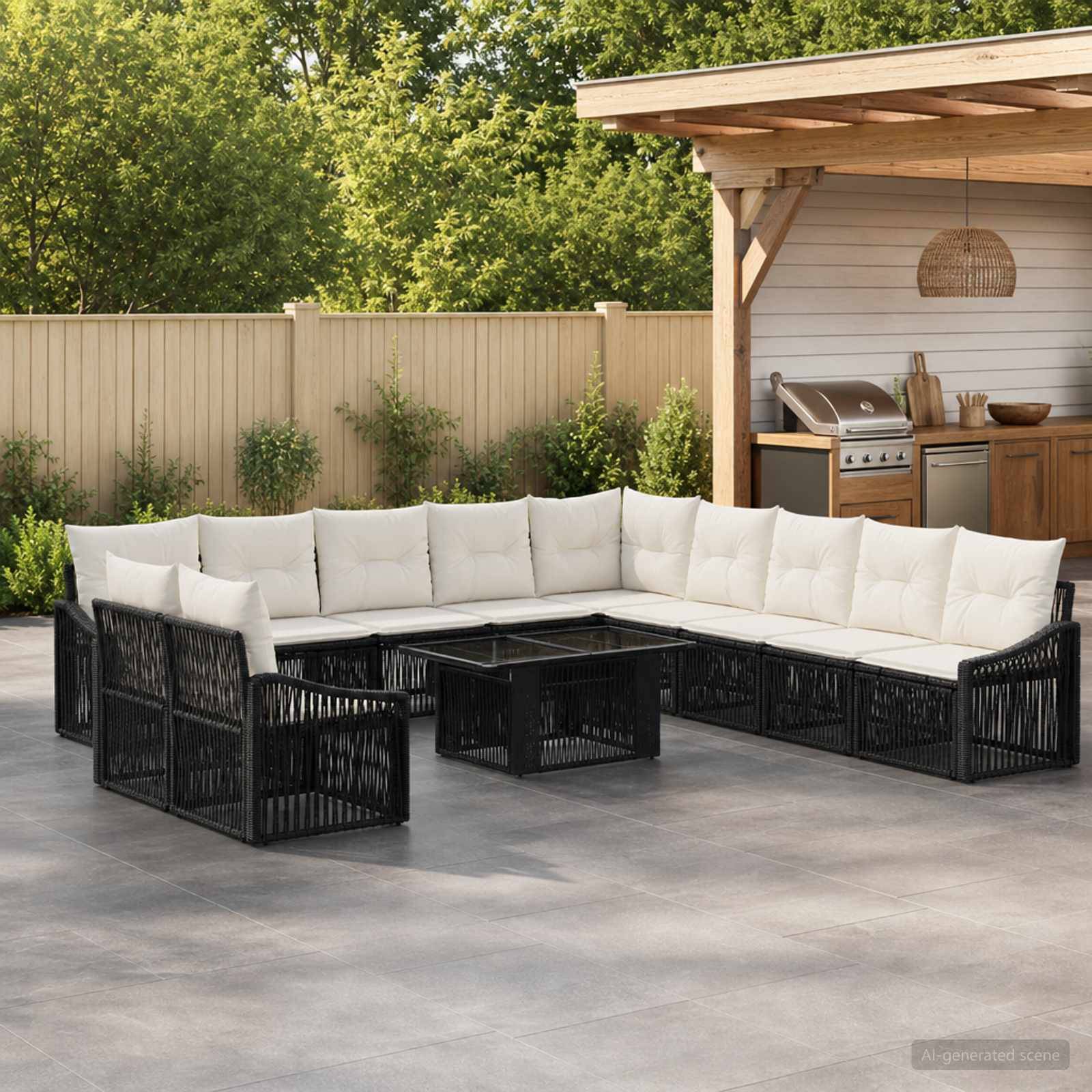 Outdoor-Sitzecke mit weißen Kissen und schwarzem Rattanrahmen, die um einen quadratischen Couchtisch herum angeordnet ist, neben einem abgedeckten Grillbereich.