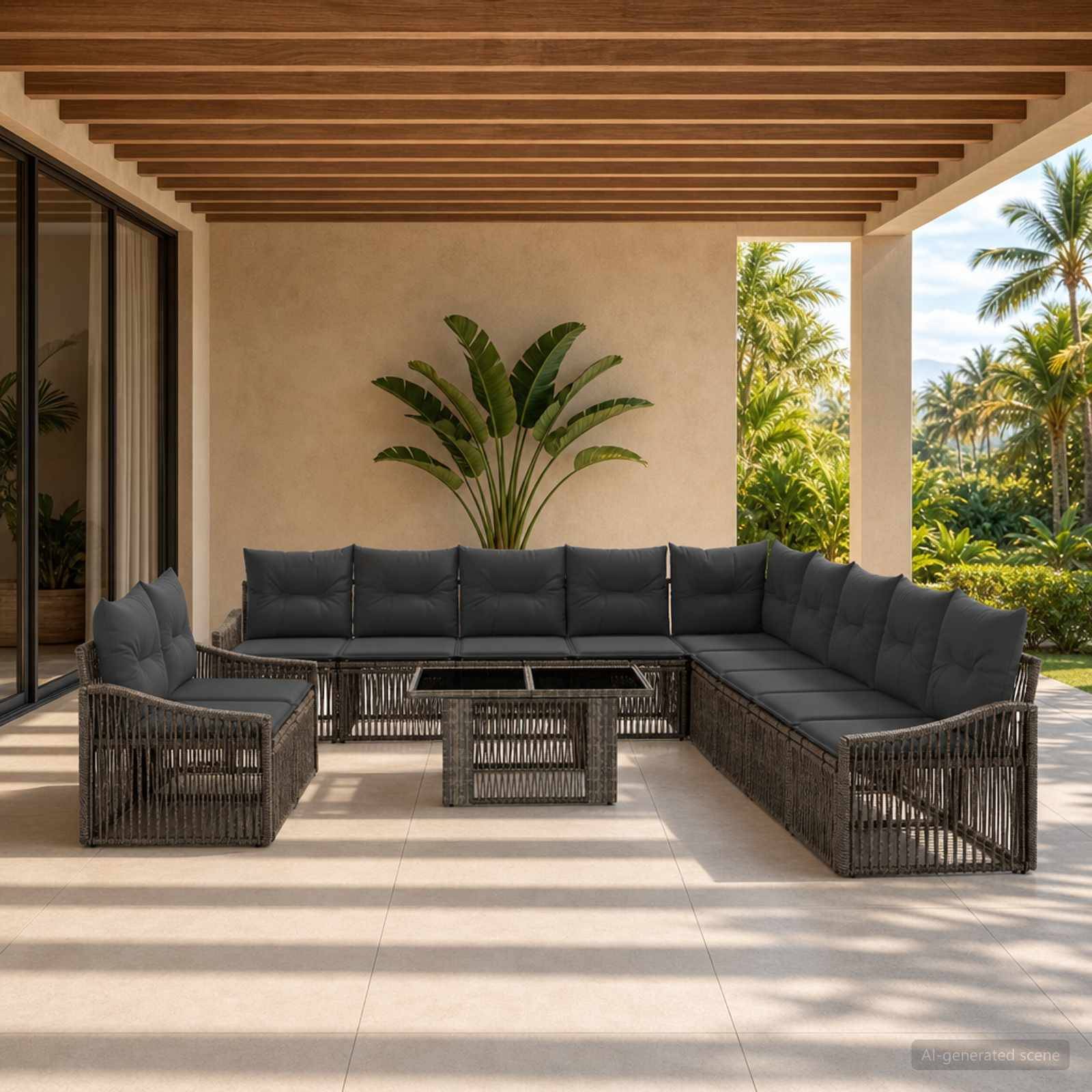 Überdachte Außenterrasse mit dunkelm Rattansessel-Set, Sessel und Couchtisch mit Blick auf tropische Palmen.