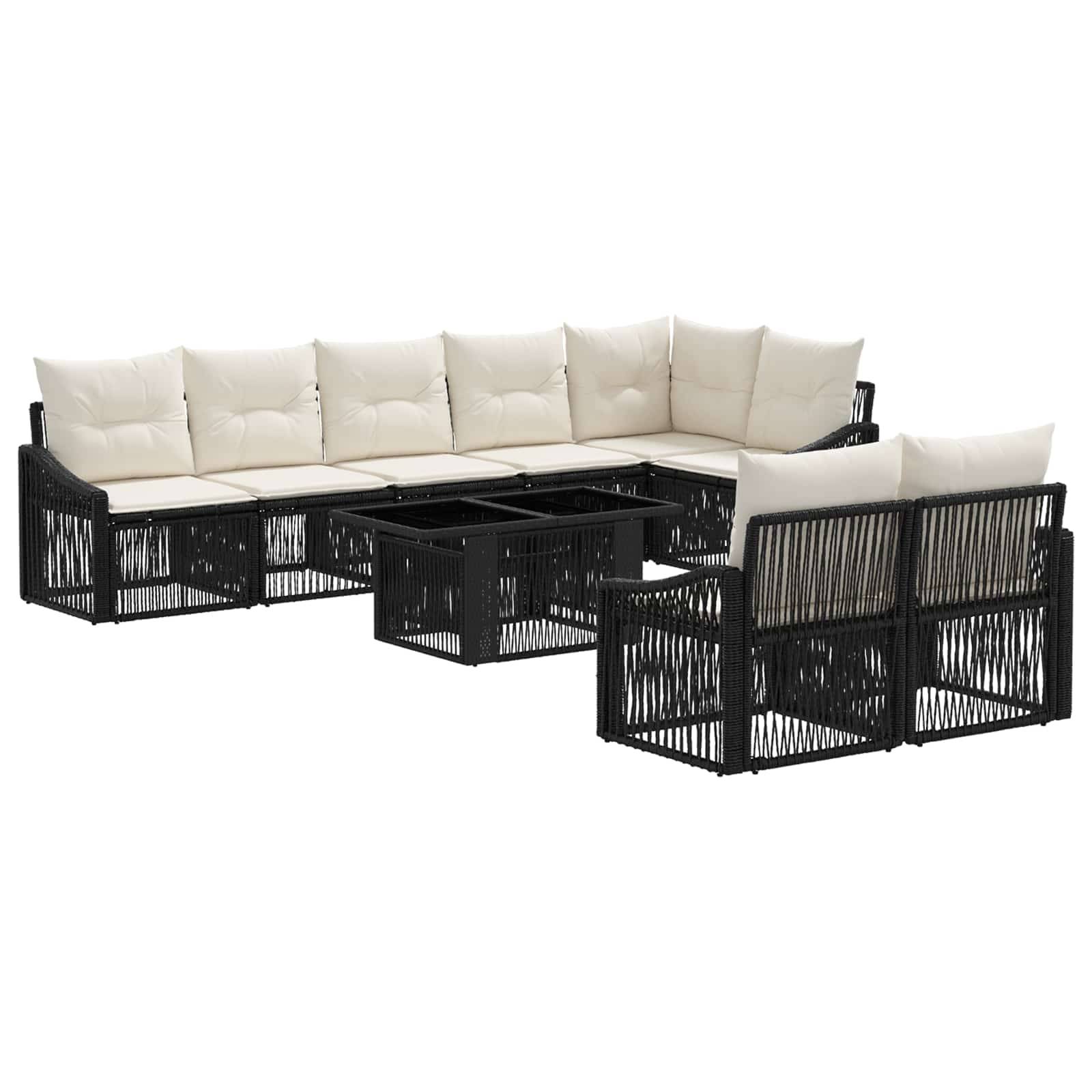 Schwarzes Rattan-Gartensofagarnitur mit beigen Polstern und passendem Couchtisch, dargestellt auf weißem Hintergrund.