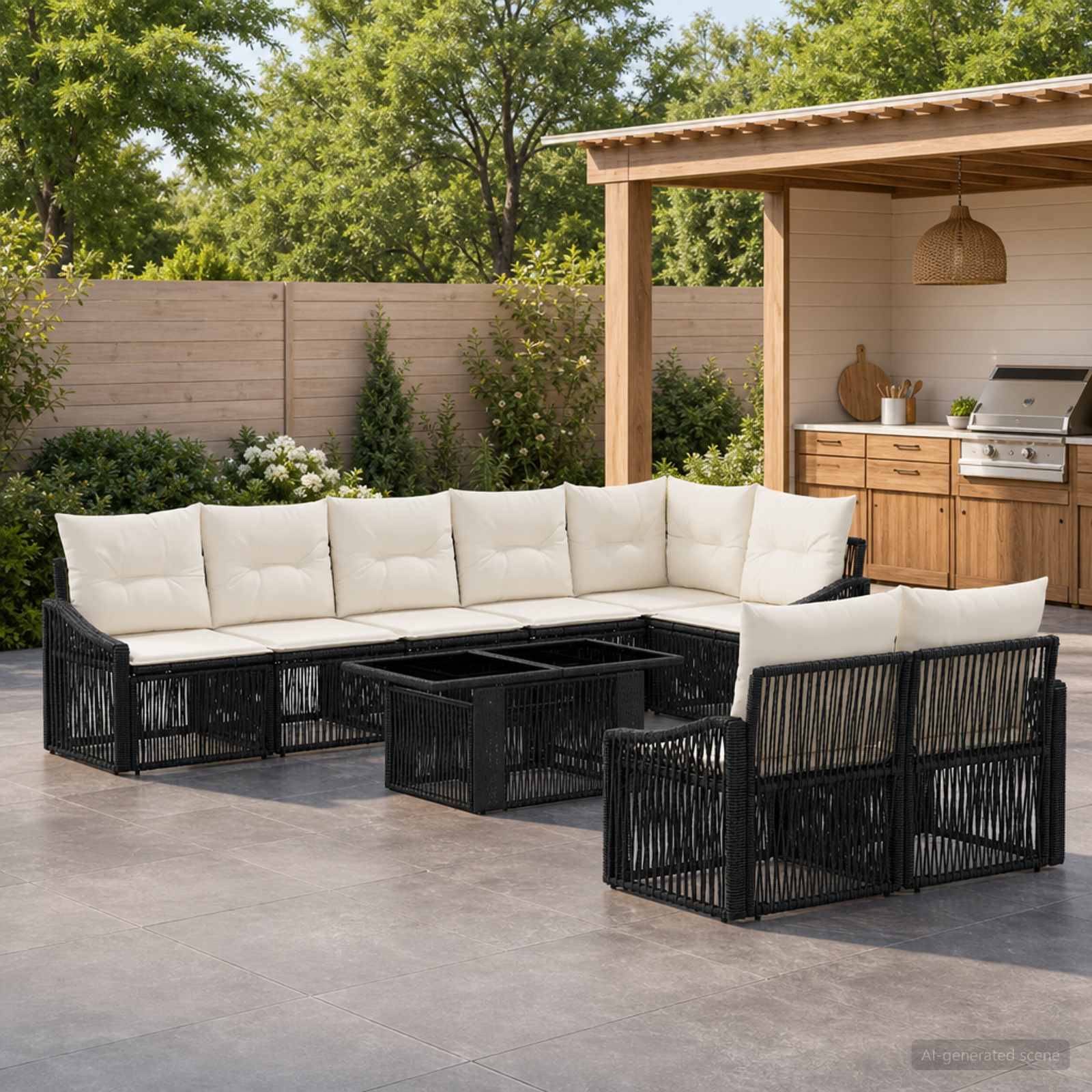 Outdoor-Sitzbereich auf der Terrasse mit schwarzem Rattan-Ecksofa und weißen Kissen um einen niedrigen quadratischen Couchtisch, neben einer hölzernen Außenküche unter einer Pergola.