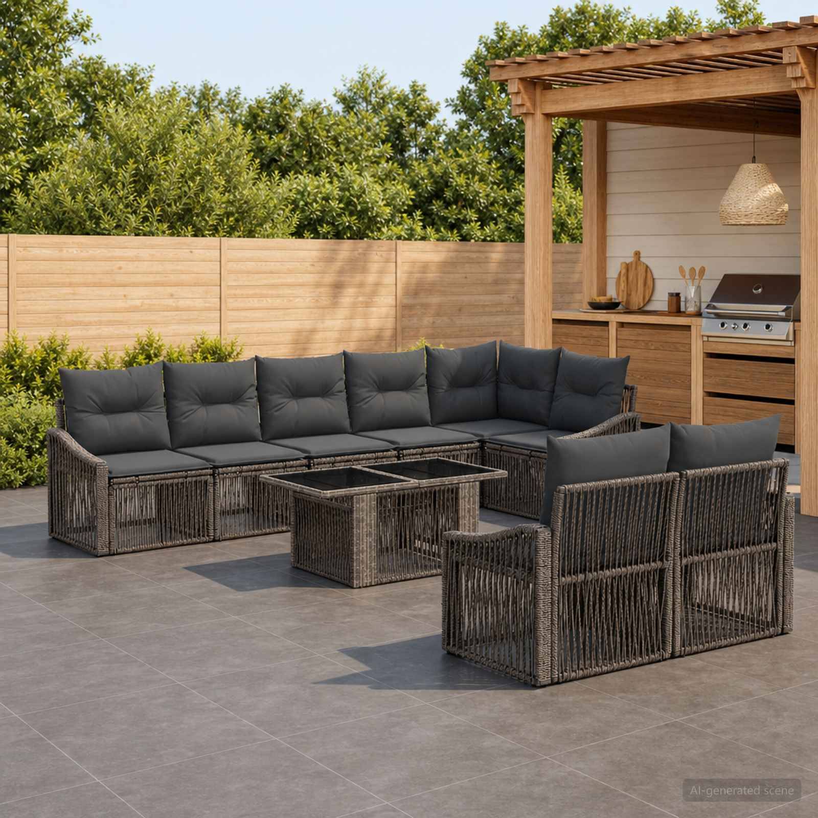 Gartenmöbel-Set für die Terrasse mit Modularsofa, zwei Sesseln und Glastisch auf einer gepflasterten Terrasse neben einer Holzpergola und einer Grillstation.